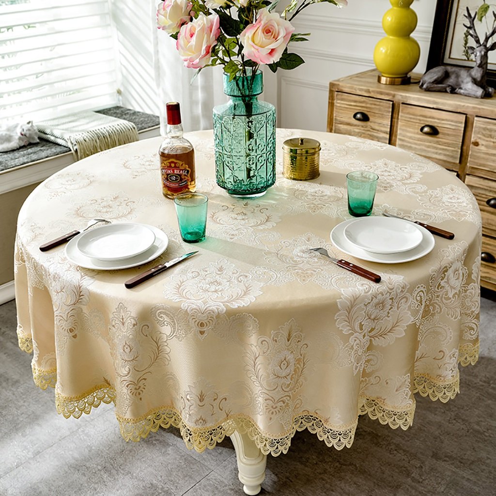 Nappe ronde beige 160cm en tissu premium pour table de salon et salle à manger WENJUN