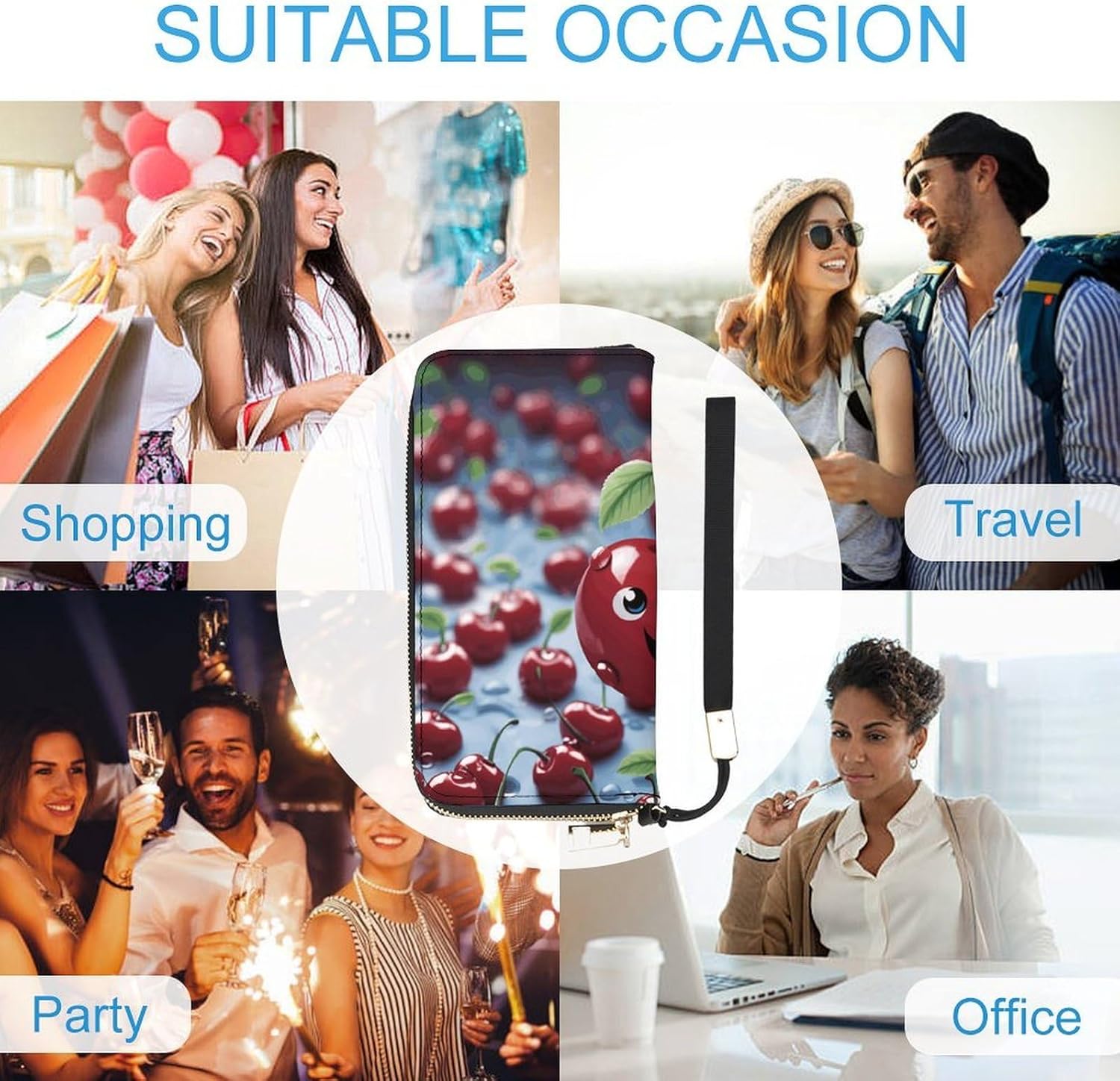 Long Wallet Waterproof PU Zipper Wallets, Cartoon Cherry Printed Large Capacity Ladies Travel Purse WristletTravle Wallet - Image 5