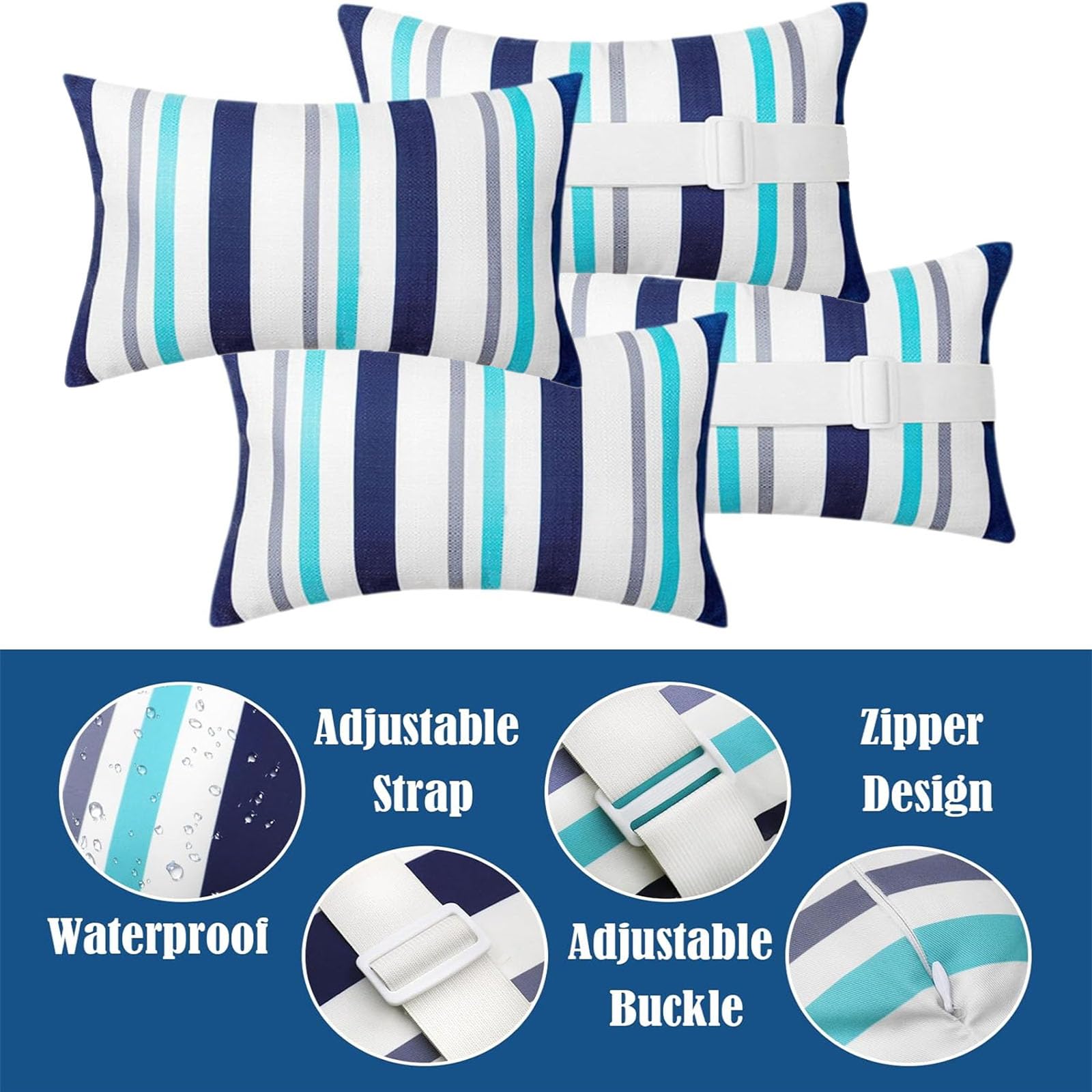 Confezione da 2 Poggiatesta Sdraio Prendisole per Sedia a Sdraio, Cuscino Poggiatesta Esterno impermeabile con Elastica Regolabile per Arredamento da Giardino (28 * 40cm,Strisce blu)