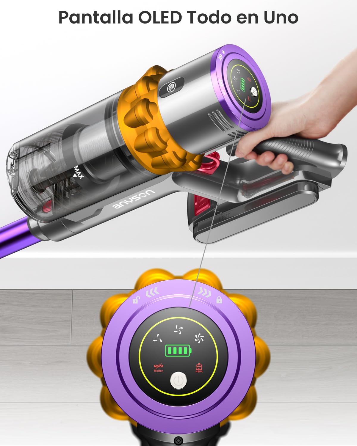 48Kpa/600W/70Mins Aspiradora sin Cable, Aspiradora Escoba sin Cable de 1.6 L/Pantalla Táctil LED,Capa de Filtración de 8 Etapas, Autocargable,Adecuado para Suelos/Alfombras/Pelo de Animales