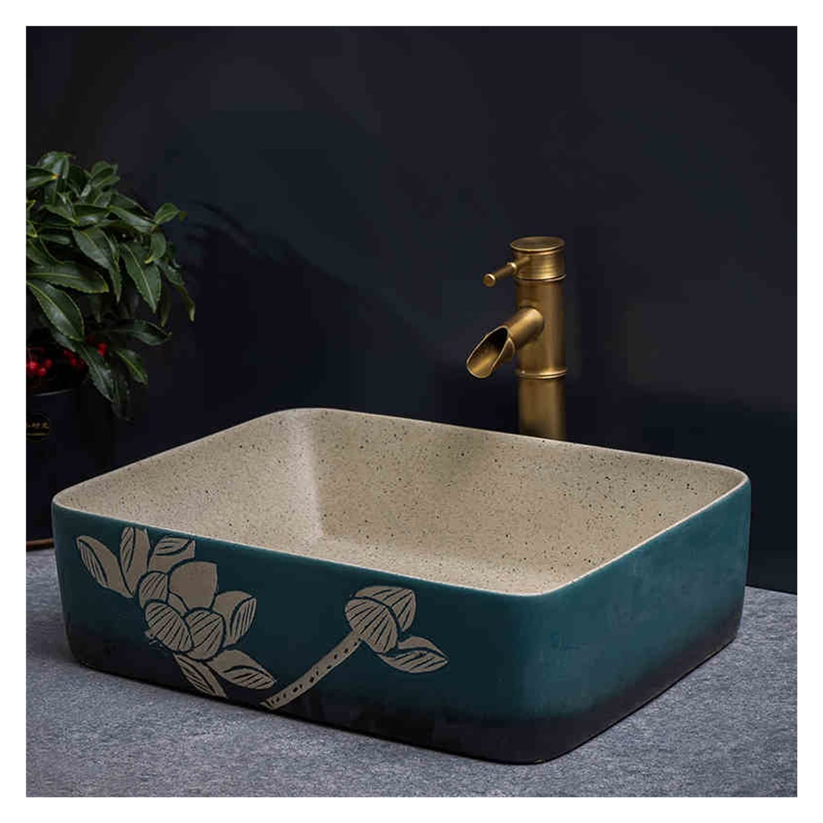Sjdopulse Bathroom Porcelain Vessel Sink, Exquisite Rectangle Above Counter Ceramic Sink Bowl Art Basin With Bamboo Shape Faucet, Luxurious Lavatory Vanity Sink