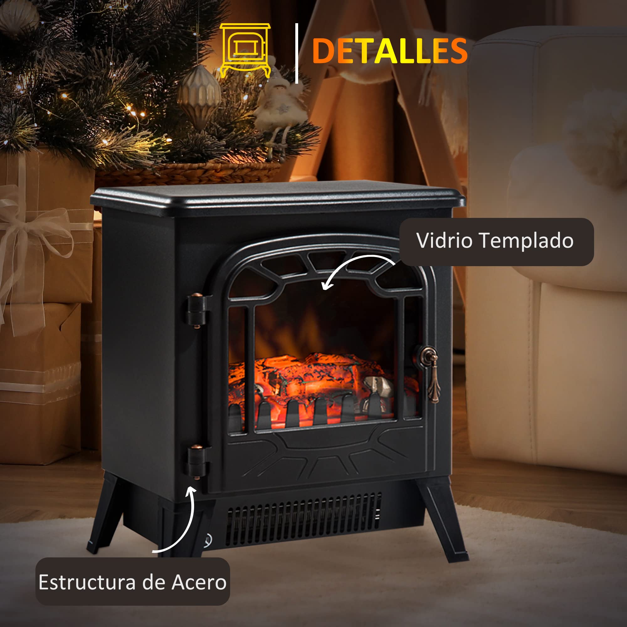 HOMCOM Chimenea Eléctrica Portátil 925W/1800W Calentador de Chimenea con Efecto de Llama Termostato y Protección contra Sobrecalentamiento para Salas 18-24 m² 36x25,5x41,5 cm Negro
