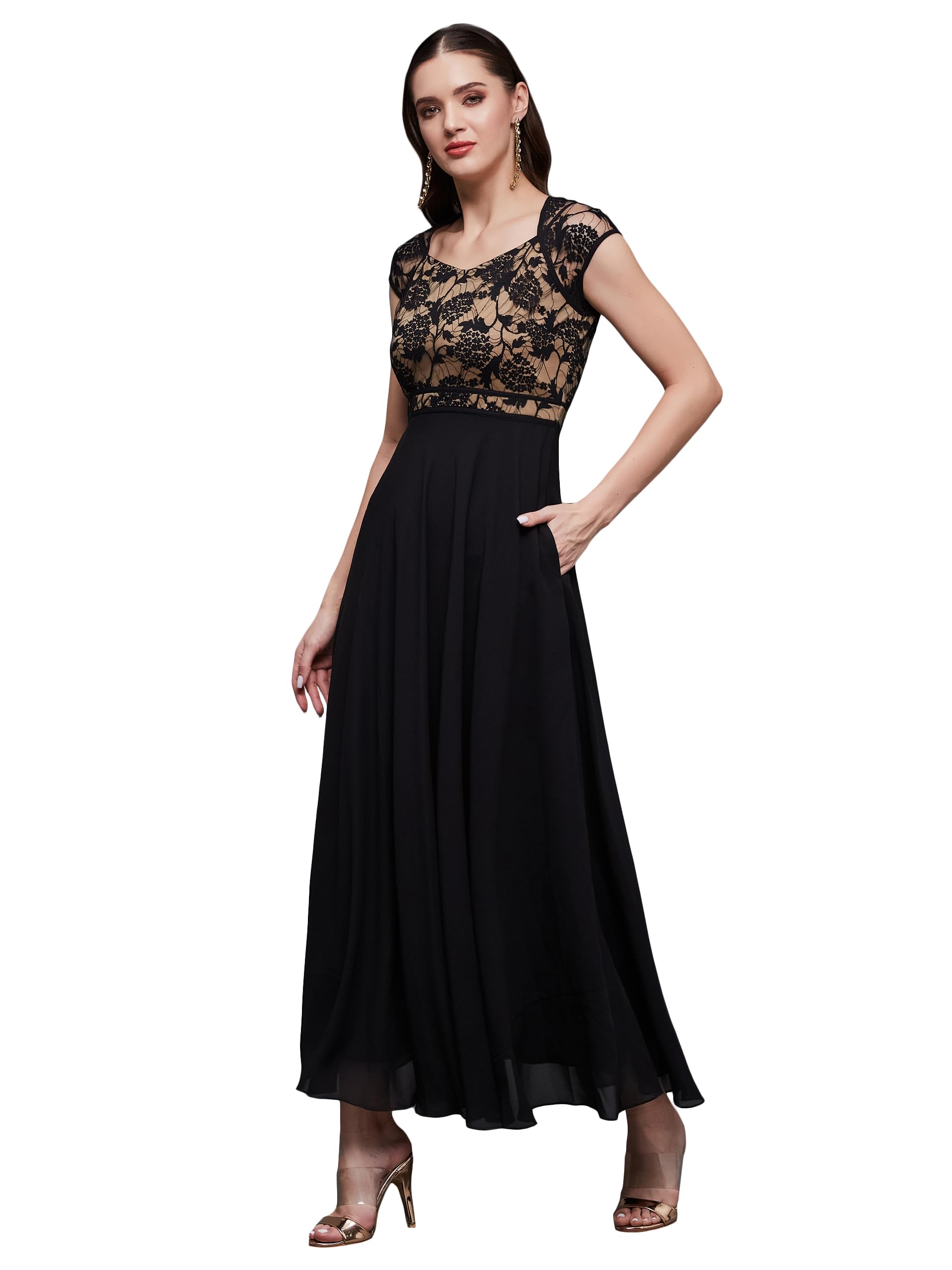 Miss Chase Women' Floral V - Neck Cap Short Sleeves Lace Overlaid Fit & Flare With Pockets Paneled Maxi Dress (Mcss21D06-11-62-02, Black, Xs)