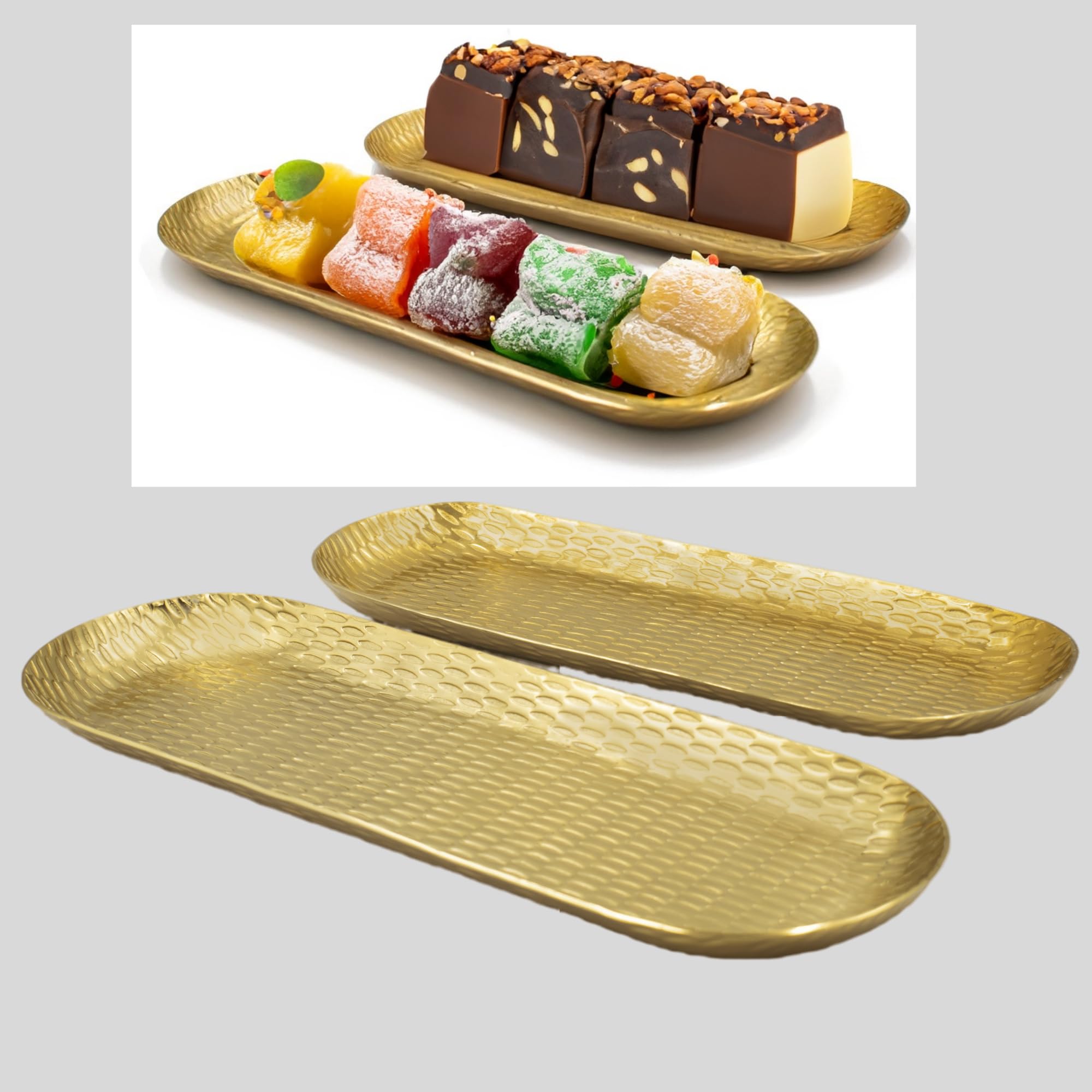 Souq DESIGNS Ramadan Serving Tray Set of 2 serveware Golden Metal Hammered - Trays for Coffee Breakfast Dinner, Organizer Counter Table Décor Kitchen Home Bathroom (Golden)