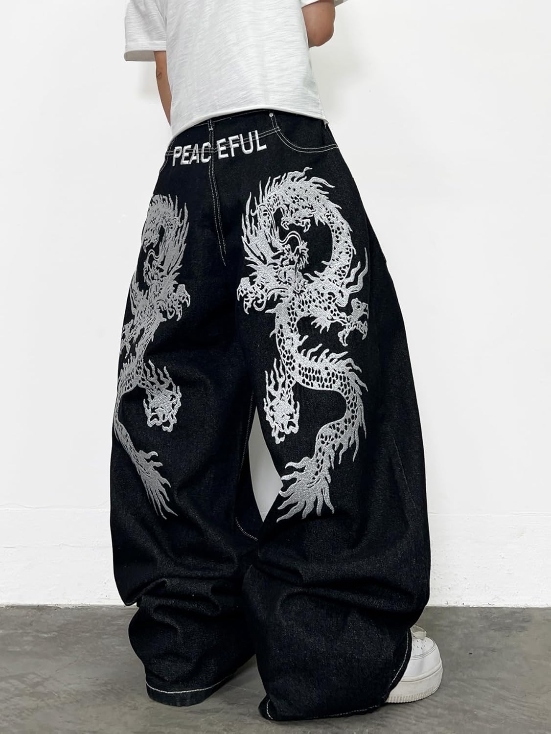 Men's Baggy Jeans Dragon Embroidered Wide Leg Jeans Hip Hop Loose Fit Denim Pants Streetwear - Image 3