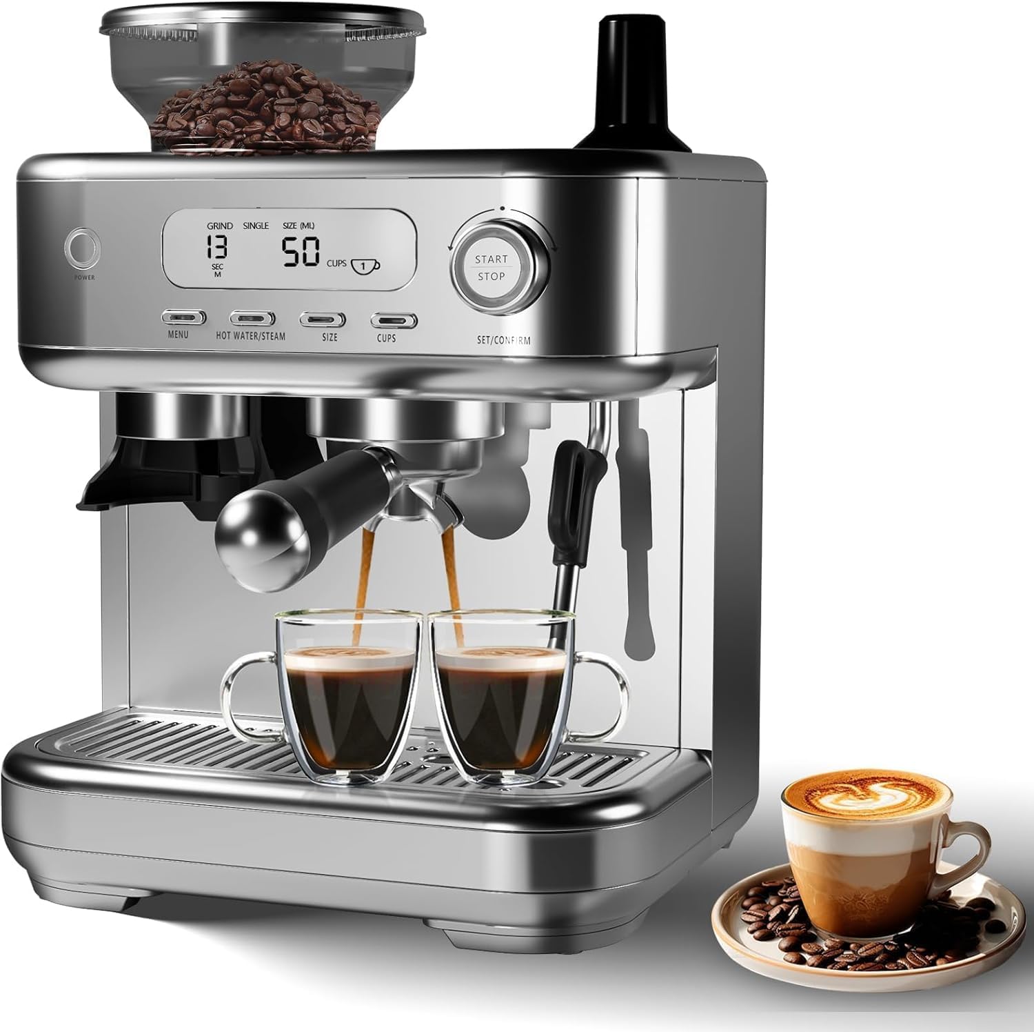 20-Bar Espresso Machine with Integrated Grinder Professional Coffee Maker with Milk Frother LCD Display Stainless Steel Home Barista