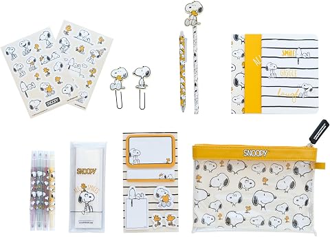 Grupo Erik Snoopy zestaw artykułów piśmienniczych, piórnik Snoopy z notatnikami A6, zakreślaczami, karteczkami samoprzylepnymi, spinaczami do papieru, naklejkami, długopisem, ołówkiem, produktami