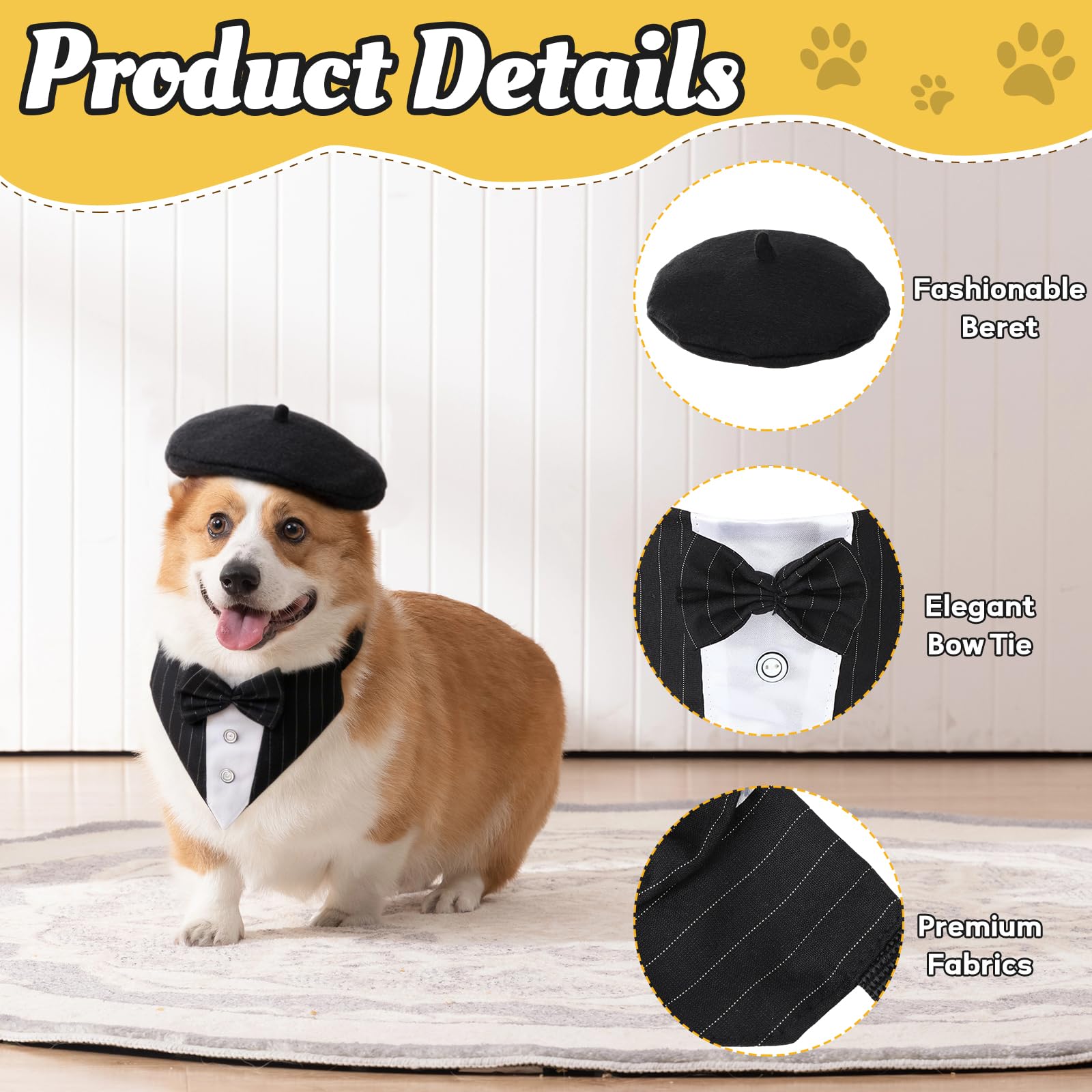 2 Stück Schwarz Hundekleidung Set mit Beret Hundemütze und Verstellbarer Hundefliege formelles Haustieraccessoire Hundoutfit für Hochzeit Party Geburtstag Alltag Haustierkleid