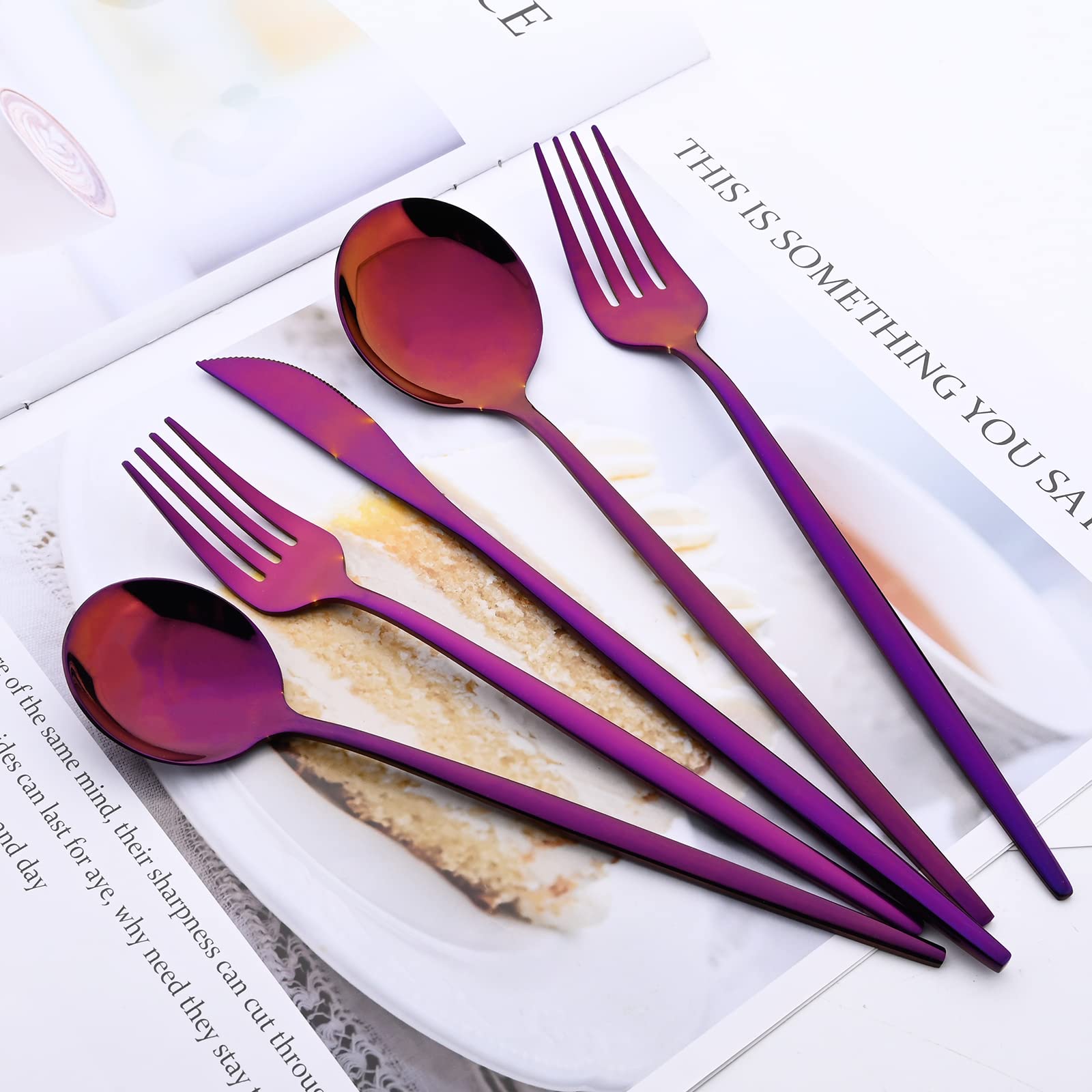 Juego de cubiertos de 36 piezas de color morado con espejo pulido, cubiertos de acero inoxidable 18/0 para cocina en casa, fiesta, hotel, restaurante, servicio de boda para 6
