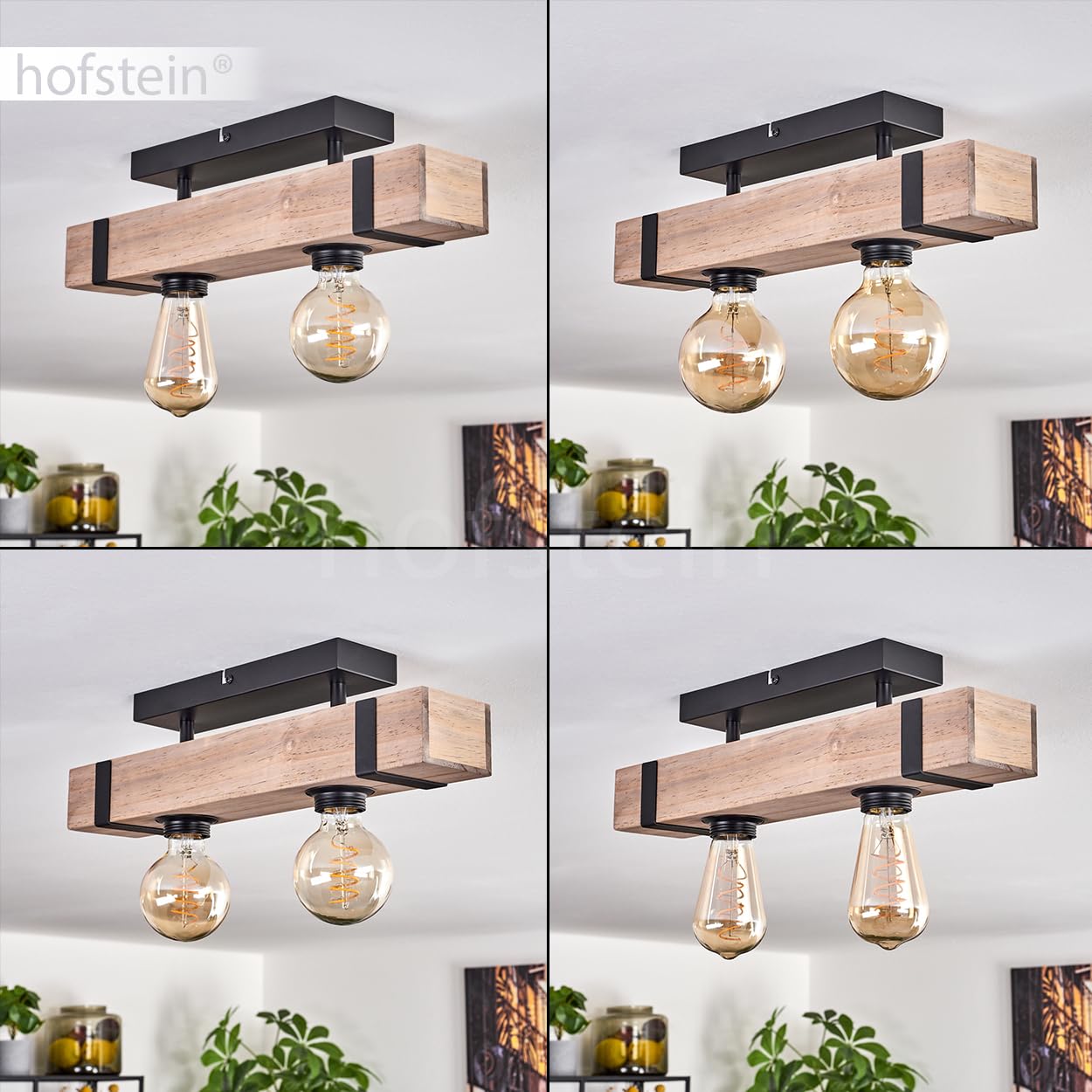 Lámpara de techo Montgomery, lámpara de techo moderna de metal/madera en color negro/natural, luminaria de diseño industrial con vigas de madera, 2 luces, 2 x E27, sin bombillas