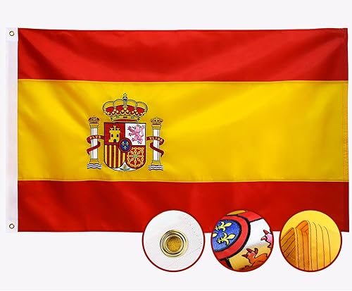 Bandera de España de doble cara de 3 x 5 para exteriores, bordada, nailon 210D resistente, rayas cosidas, ojales de latón más fuertes, 4 dobladillos disponible en Yaxa Mexico