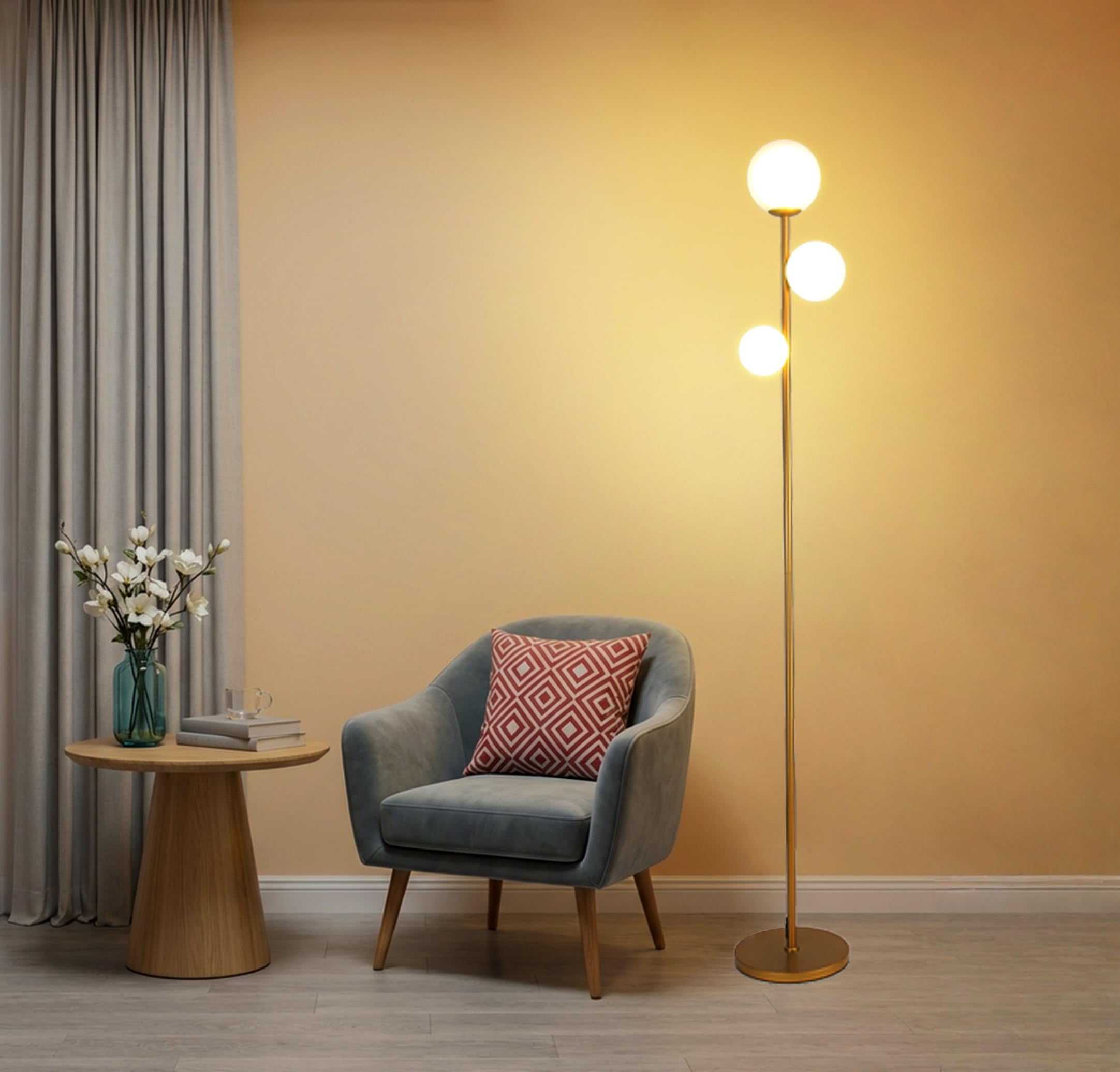 Fiqevs 3 Globe Mid Century Modern Floor Lamp for Living Room, Gold Standing Lamp with Frosted Glass Shade and 3x2700K Warm LED Bulbs, Vintage Retro Tall Lamps for Bedrooms, Office - Antique Brass