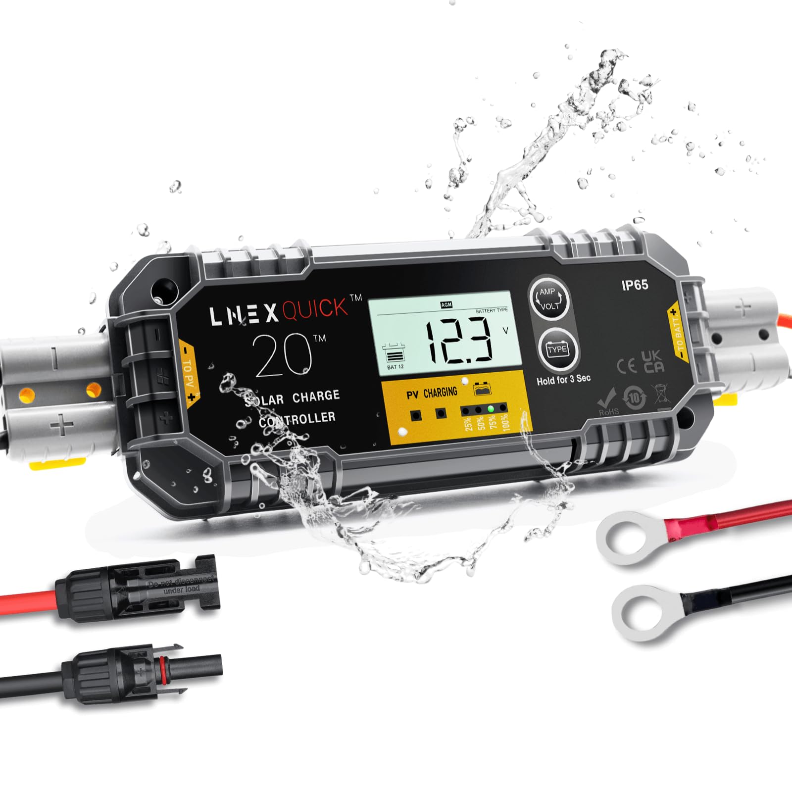 LNEX 20A 12V/24V PWM Waterproof Solar Charge Controller with Backlight LCD Display for AGM, Gel, Flooded and Lithium Battery, Used in RVs, Trailers, Boats, Yachts