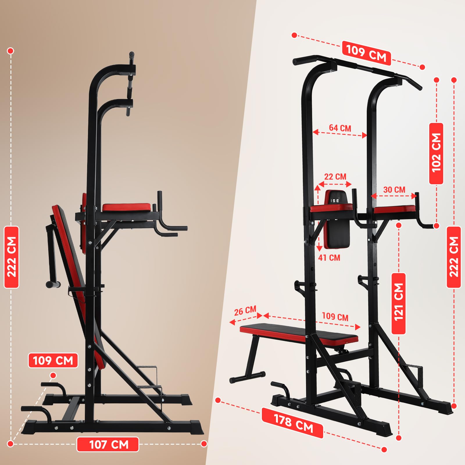 ISE Chaise Romaine Multifonction Barre de Traction Station avec Banc de Musculation pour Dips, Pompes, Développé-Couchés, Station Musculation, Chaises Romaine Complet Rouge/Noir 107x66x224CM