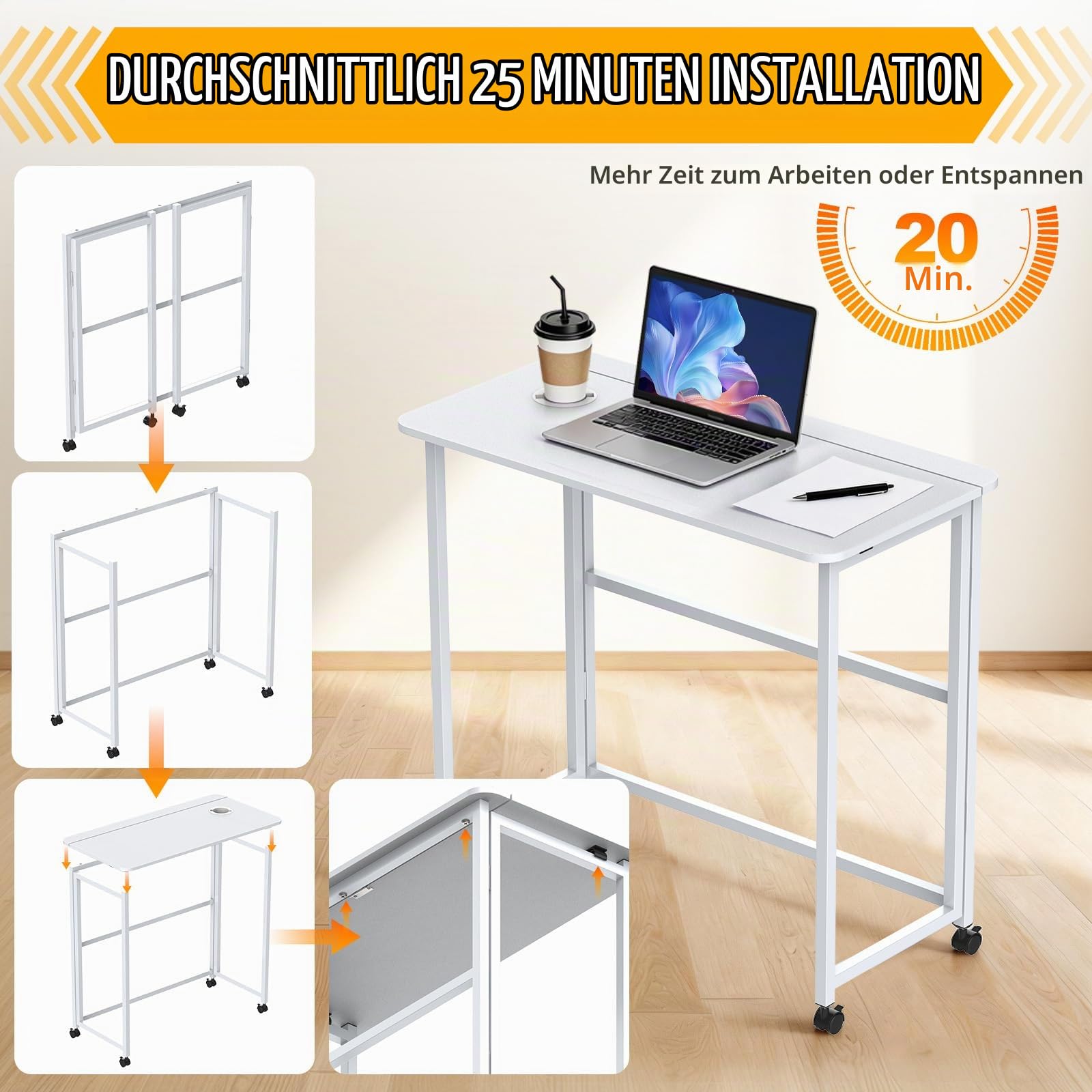 Klapptisch Home Office 80x40cm – Faltbarer Computertisch & Platzsparender Schreibtisch für kleine Wohnung, Schreibtisch Klappbar mit Getränkehalter,80x40x74 cm,Weiß