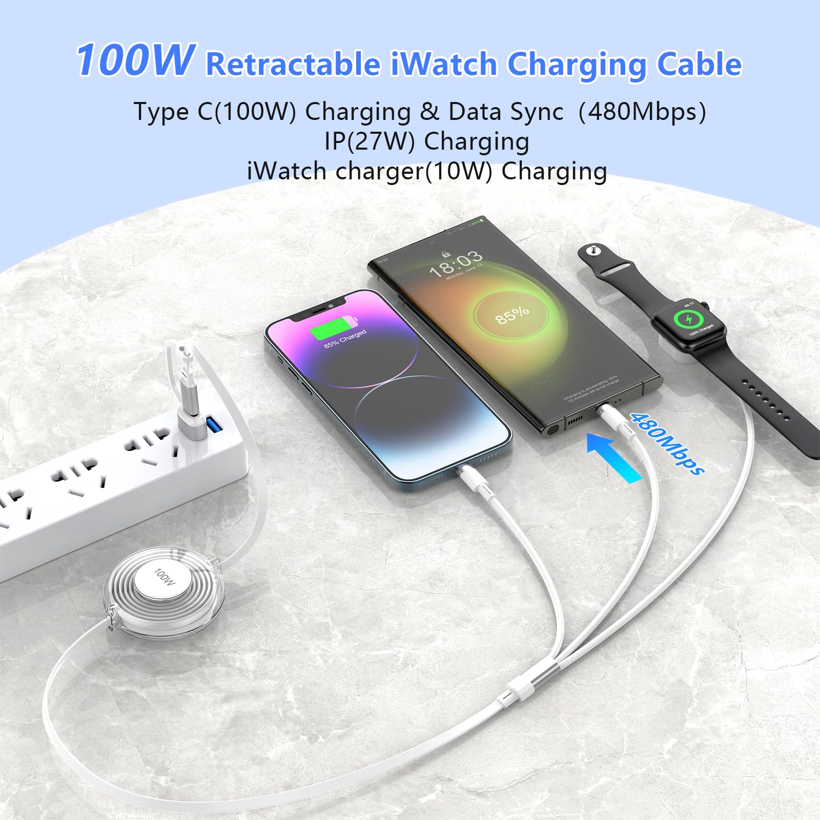 100W Multi Charging Cable for Apple Watch Charger, iPhone 15 Retractable Charging Cable with Type C 100W+IP 27W+iWatch Charger Retractable Phone Charger for iPhone/Apple Watch Series/Samsung/Pad 4FT