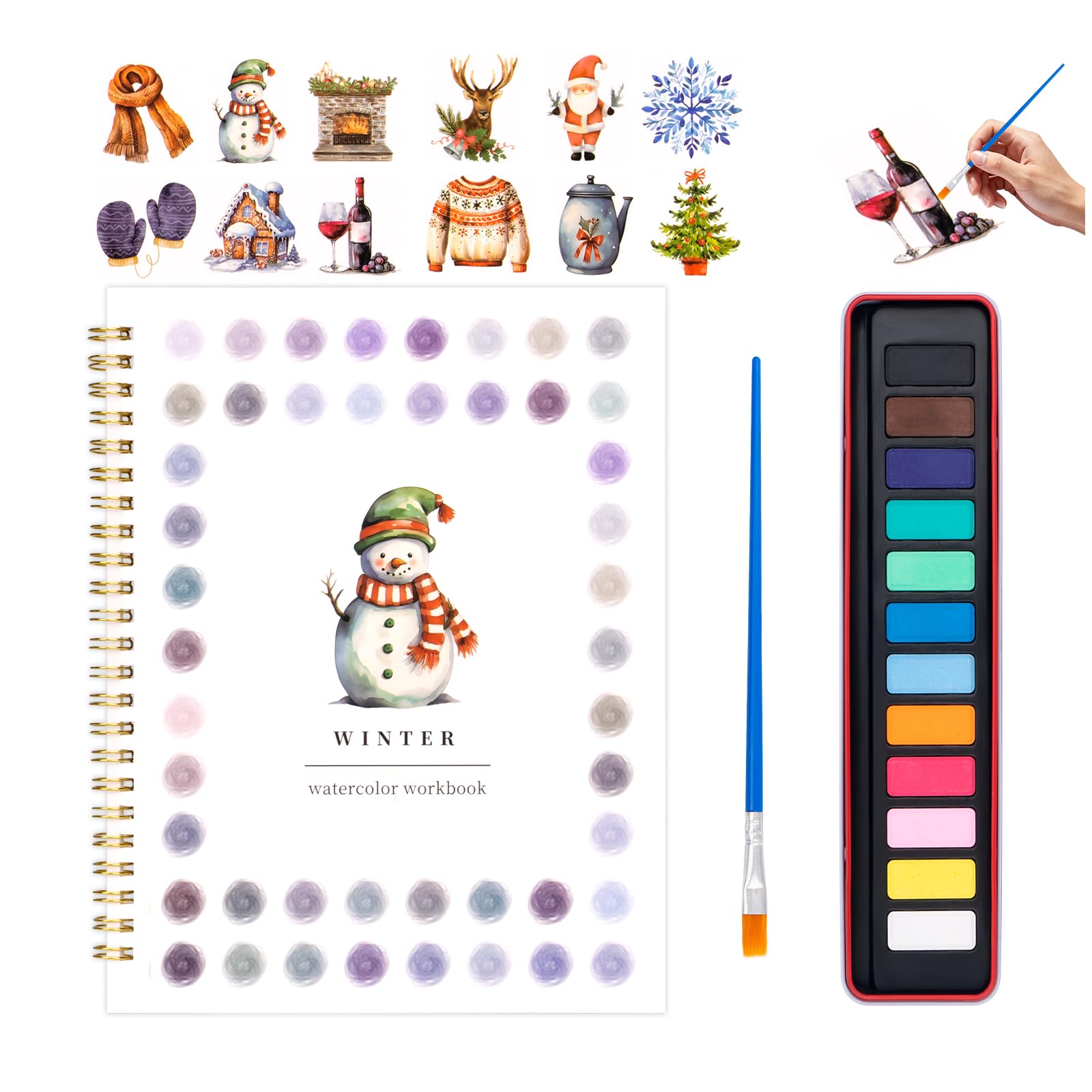 Christmas Watercolor Workbook for Adults, Beginner Friendly Watercolor Painting Kit Winter Water Coloring Book, Nature-Themed Practice Art Gift Water Color Paint Book with Palette and Brush
