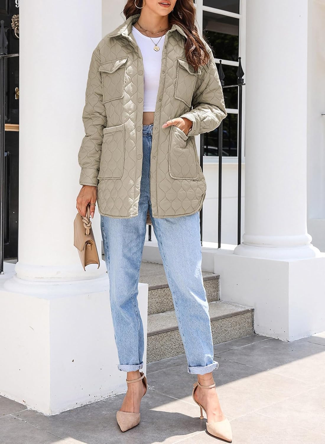 EVALESS Quilted Jackets for Women Lightweight Long Sleeve Button Down Puffer Jacket Warm Winter Coat Outerwear with Pockets - Image 8