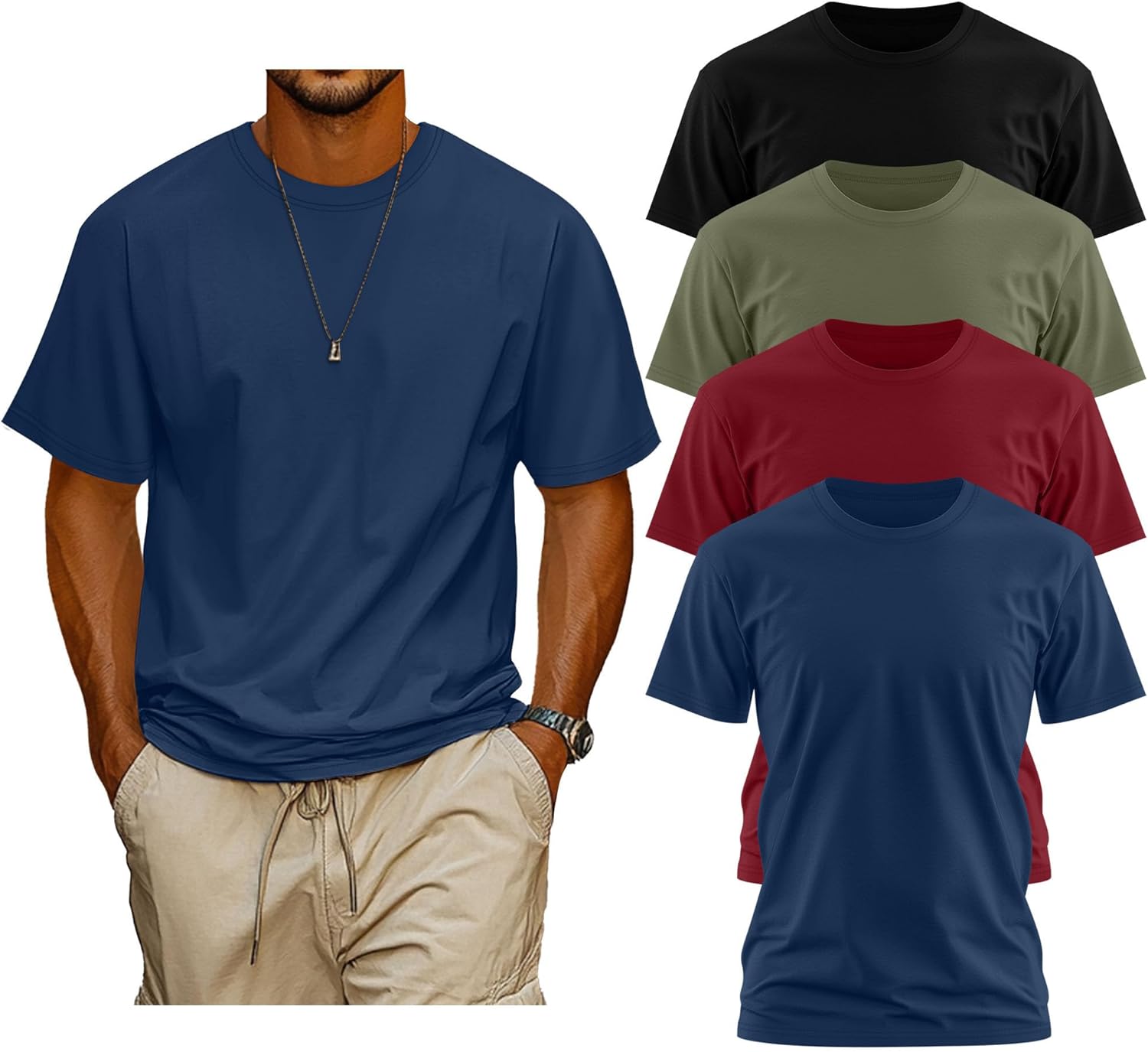 Neer 4 Pack Men's Big and Tall Shirts Summer Cotton Short Sleeve Tee Crew Neck Casual Top Oversize Basic T Shirts Red, Haze Blue, Light Army Green, Black Medium size M