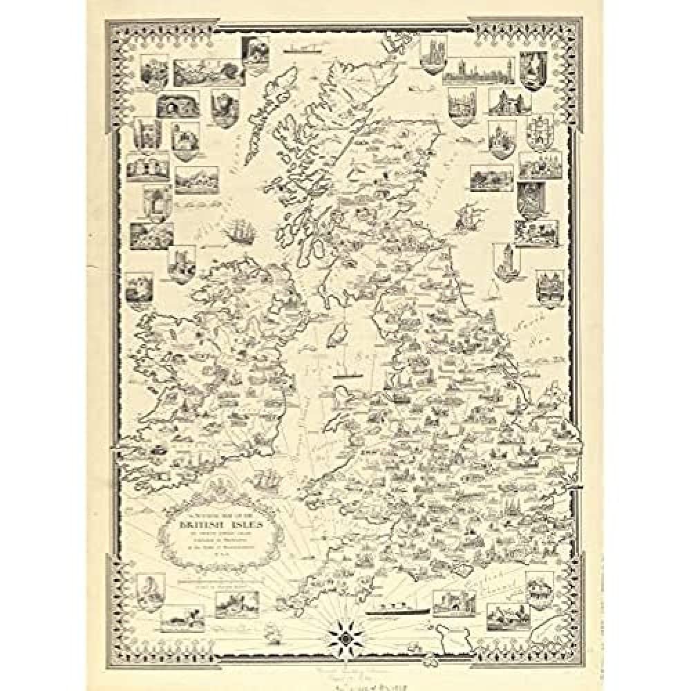 Chase 1935 Pictorial Map British Isles Buildings Art Print Canvas Premium Wall Decor Poster Mural