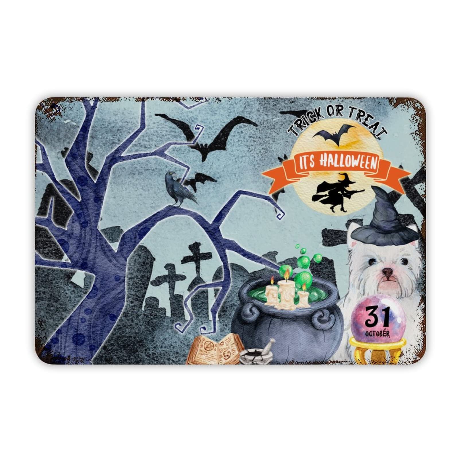 ENEDNATE Farmhouse Aluminum Sign Happy Halloween Scary Night Grave Witch Bats Trick Or Treat Dog Metal Sign Retro Aluminum Tin Sign for Kitchen Bedroom Living Room Wall Art Door Home Decor Sign 8x12
