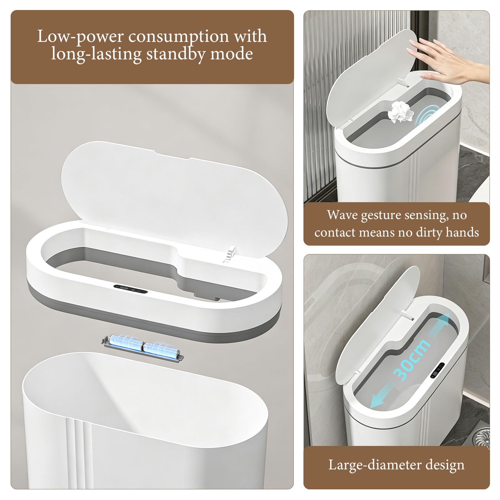 Pattumiera con sensore intelligente da 16 l, cestino da bagno sospeso con coperchio, ricaricabile e impermeabile, con sensore di movimento, sottile per armadio da cucina, camera da letto, ufficio