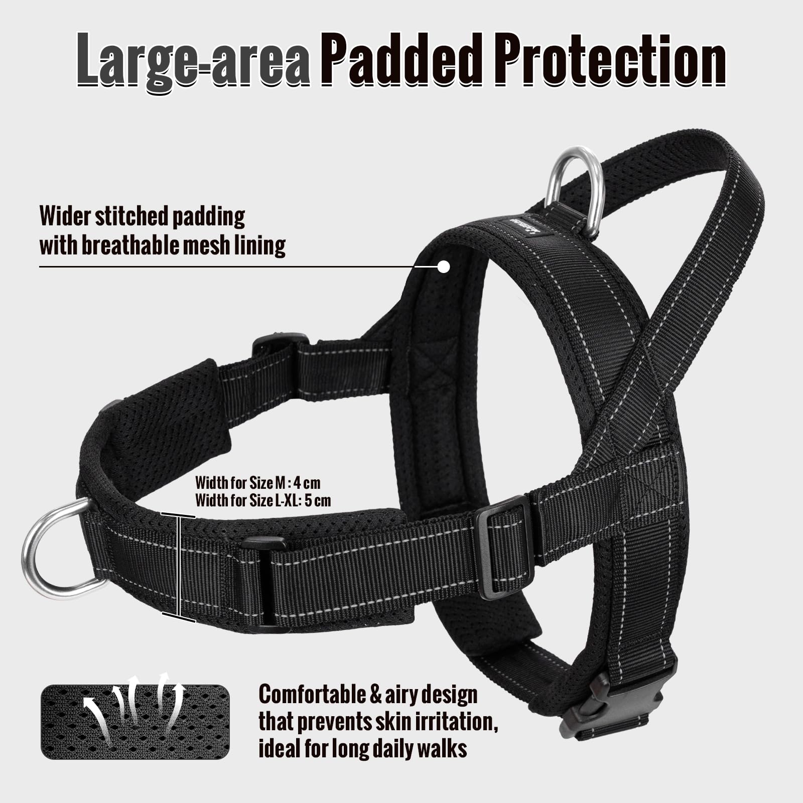 Arblina Harnais pour Chien, Harnais Anti-Traction pour Chiens Moyens et Grands, Harnais à Structure en T avec Éléments Réfléchissants, Harnais Doux pour Pitbull, American Bullies, Noir L