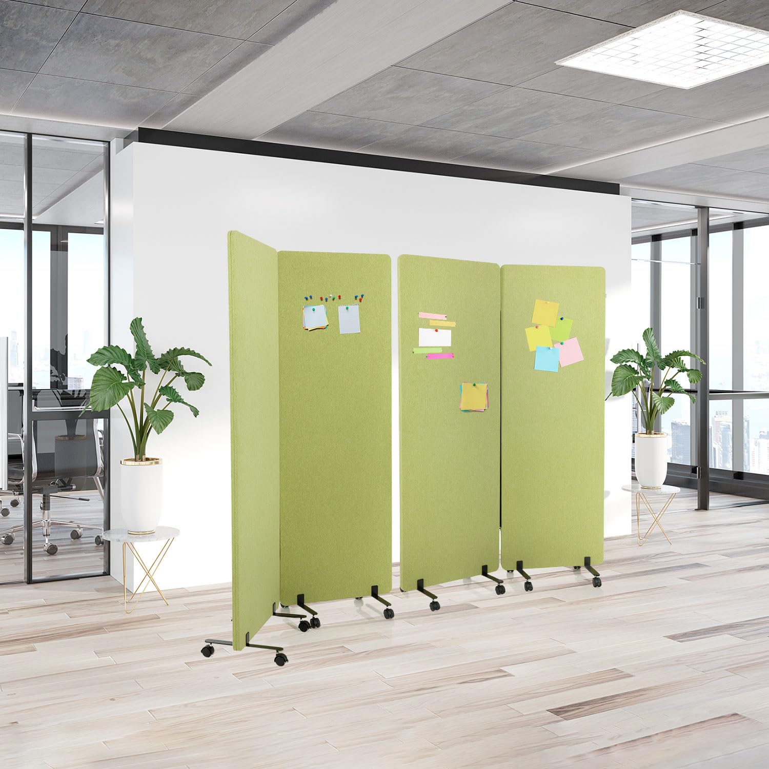 hjh OFFICE 891002 Cloison de Séparation Acoustique Mobiles FLEXMIUT 177 x 60 cm, Lot de 2, Paravent avec roulettes et Patins, Tissu Vert