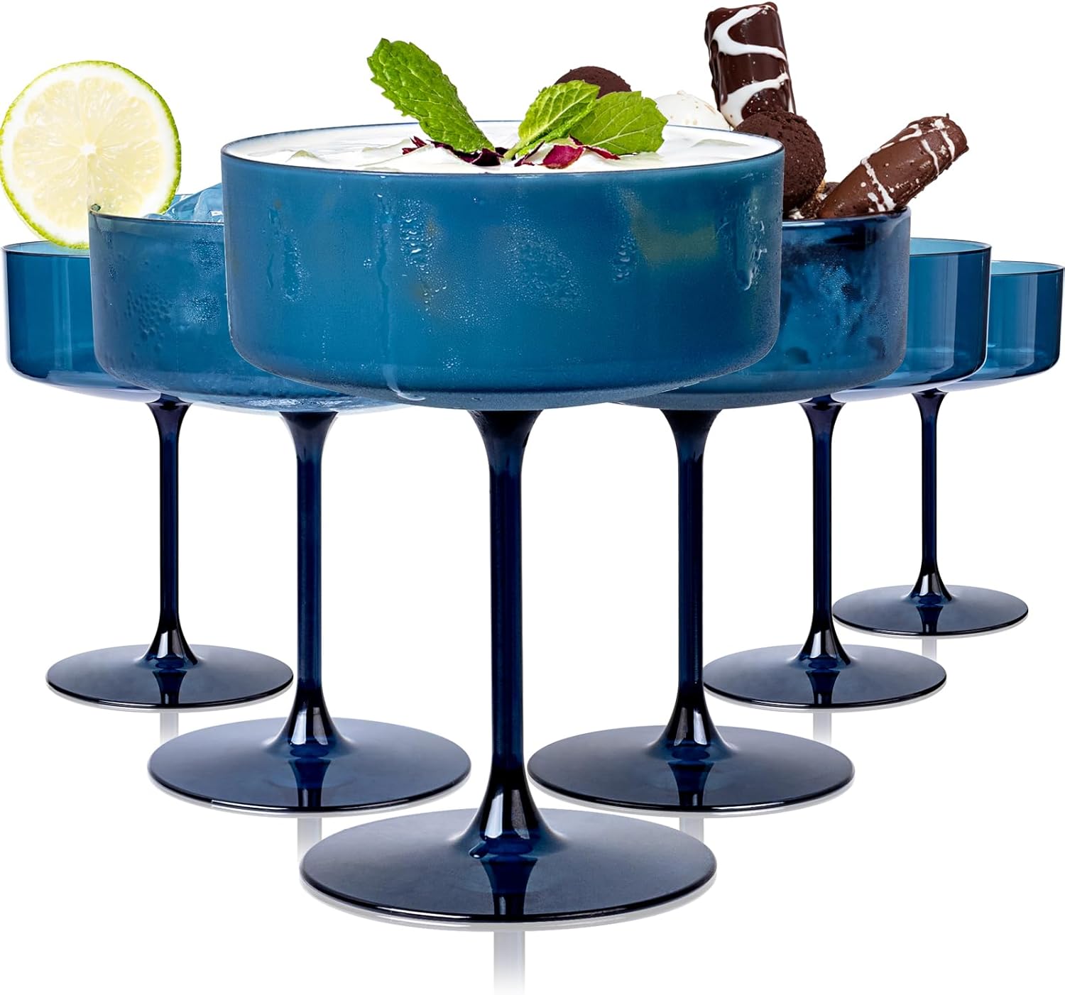 Ciaell 12PCS Plastic Martini Glasses - 10 Oz Blue Disposable Coupe Glasses with Stem - Heavy Duty Margarita Cups for Bars, Cocktails, Whiskey, Parties & Wedding