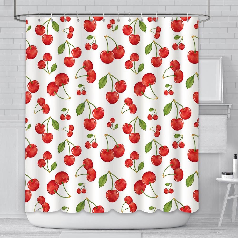 AIBIIN Red Cherries Shower Curtain Watercolor Fruit Cute Bath Curtains Summer Cherry Bathroom Curtain for Bathtub Decoration Durable Polyester Material with 12 Hooks 180x180cm — image 1