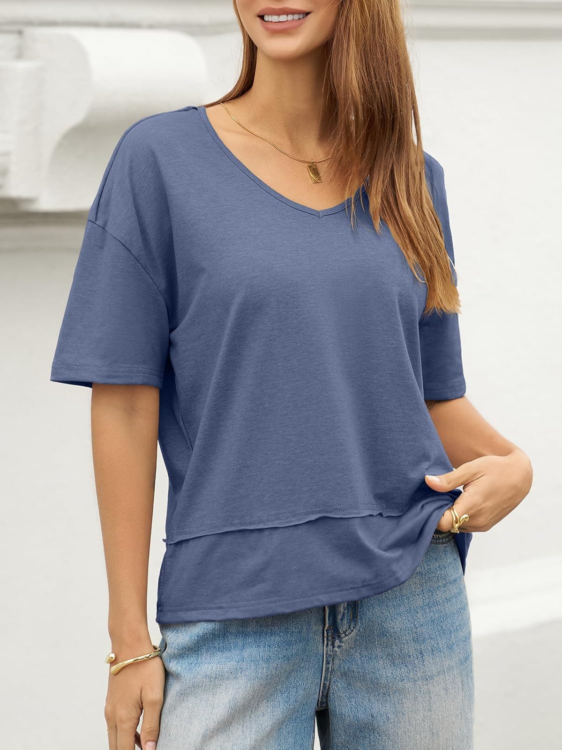 UNCLECAT Womens V Neck T Shirts Summer Trendy Short Sleeve Shirts Loose Casual Tops Tee - Image 3