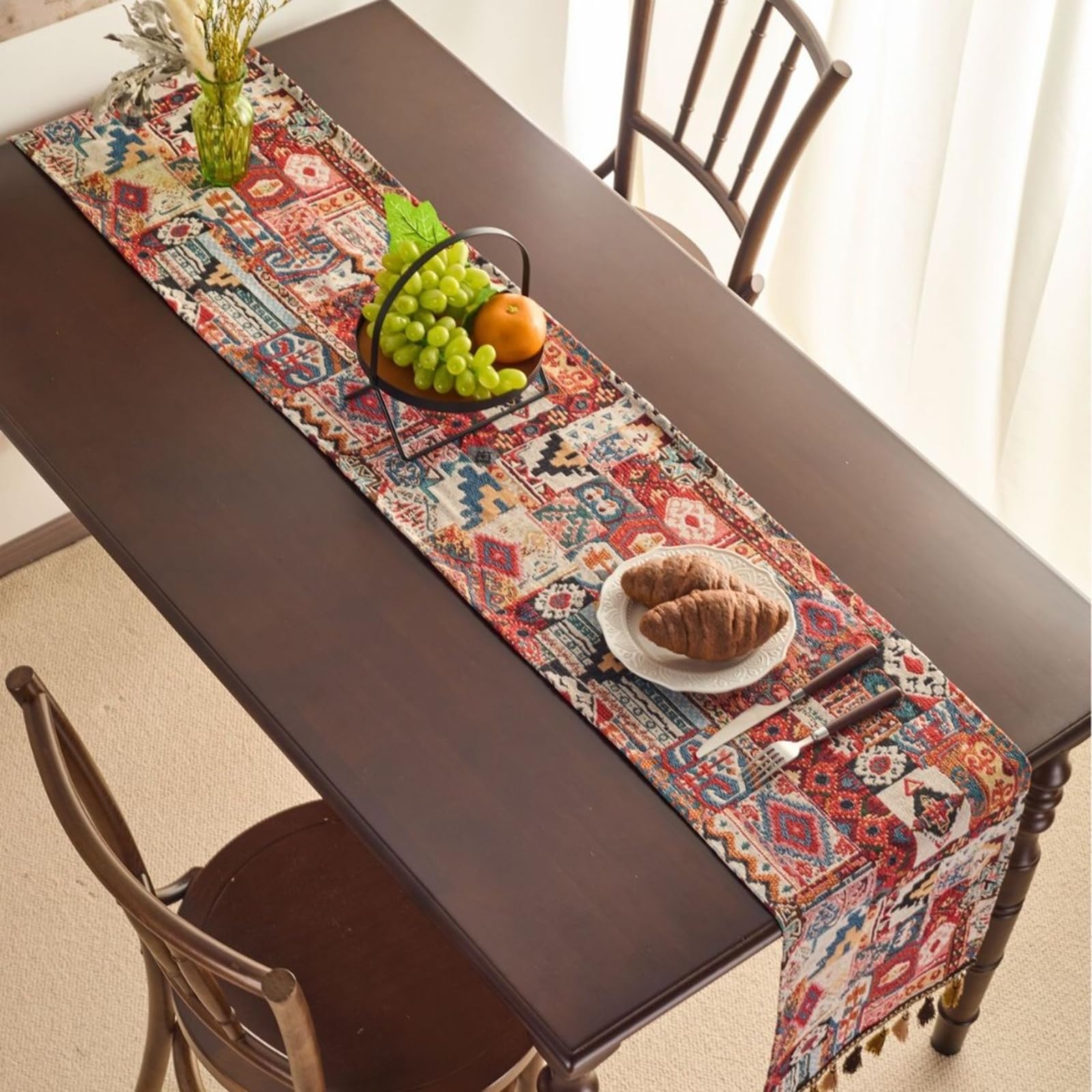Tischläufer Sommer Boho, Tischläufer Hochzeit 33x400 cm, Rot Jacquard mit Quasten