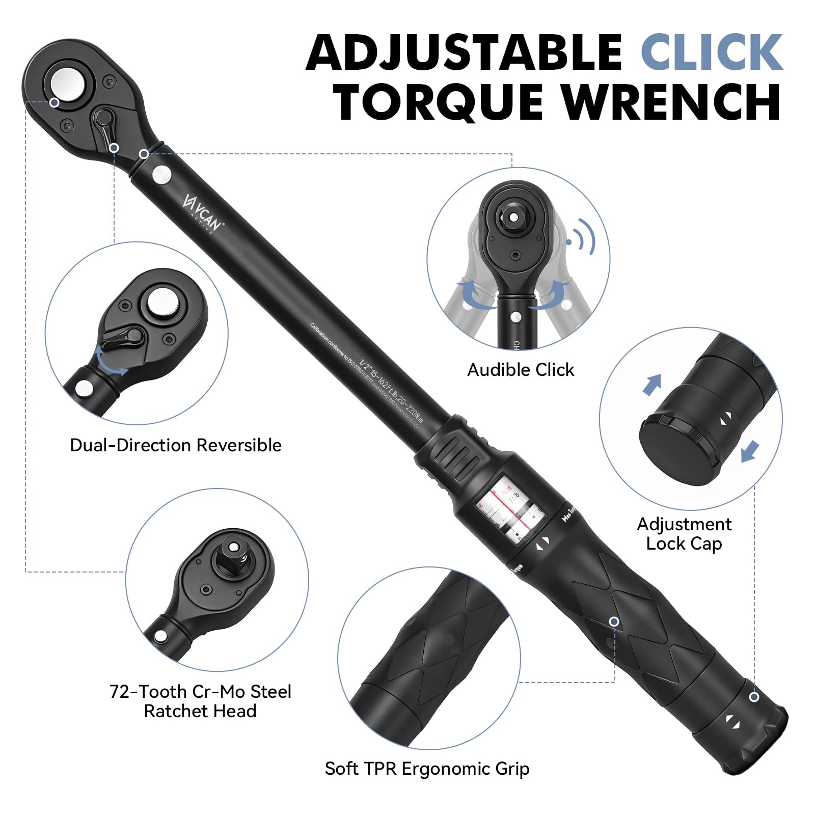 VCAN ACTIVE 1/2-Inch Drive Click Torque Wrench | 20-220 Nm (14.8