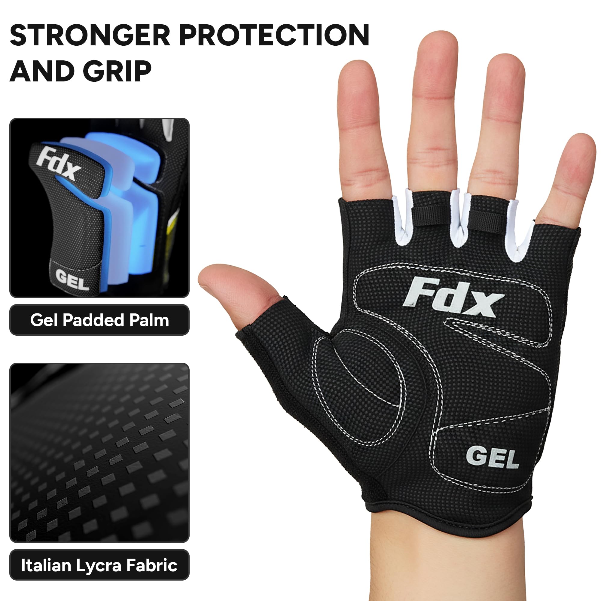 FDX Guanti da ciclismo mezze dita, traspiranti, imbottiti in gel, antiscivolo, ammortizzanti, per mountain bike, bici da strada, MTB, uomo e donna