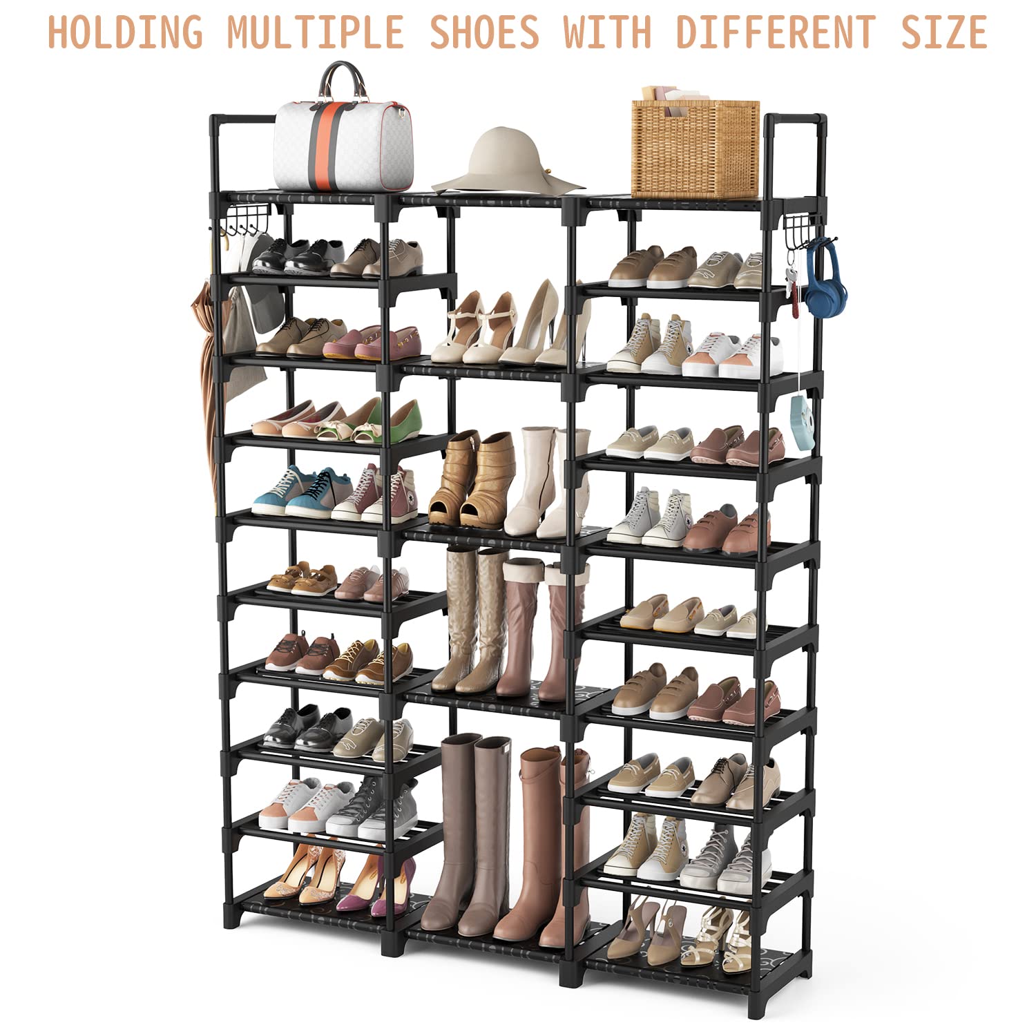 Vicye Schuhregal 10 Ebenen Schuhaufbewahrung, DIY Schuhablagen aus Metall, 54-62 Paar Schuhe Aufbewahrung, Platz Sparen, Standregal Schuhschrank mit Haken für Eingang, Ankleidezimmer und Flur