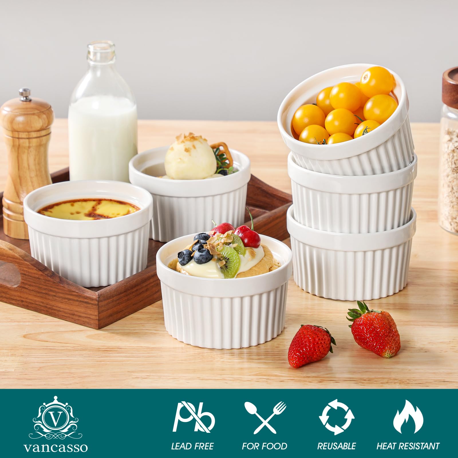 vancasso REMAKINS Pirottini per Soufflé Set, 6 X 380 ml Stampi per Soufflé, Mini Ciotole in Porcellana per Creme Brulè, Set da Stampi a Prova di Forno per Crema Pasticcera, Budino, Ø 11.5cm, Bianco