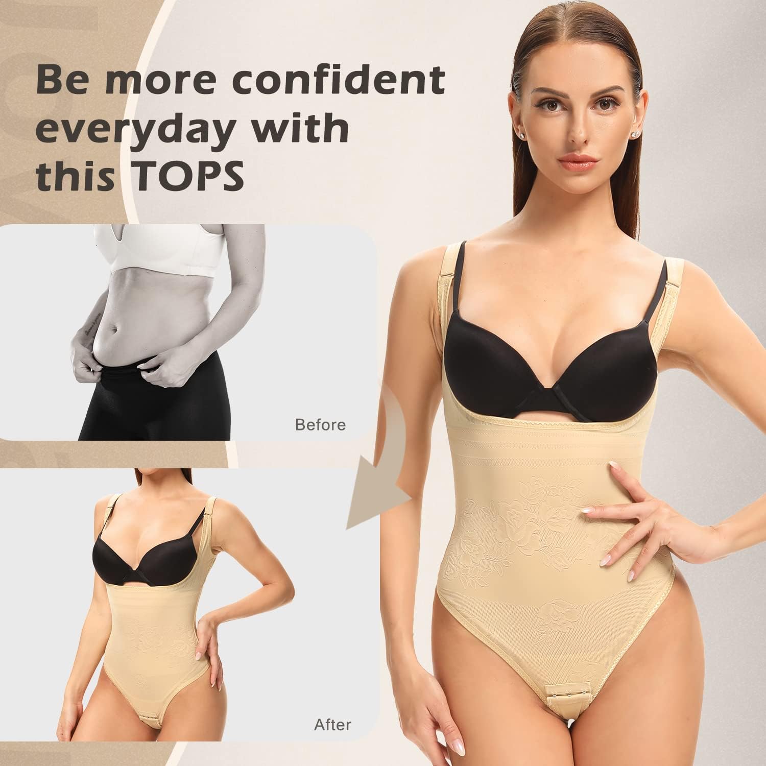 Joyshaper Figurformujący Body Damski Tanga Mocno Wyciągające Talię Formujące Body Bielizna z Haftkami Modelujący Bodysuit, Be?owy-1, XL