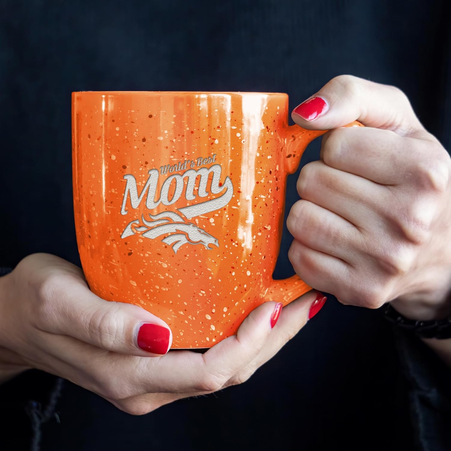 Rico Industries NFL Football World's Best Mom Orange 16 oz Team Color Laser Engraved Speckled Ceramic Coffee Mug - Image 4
