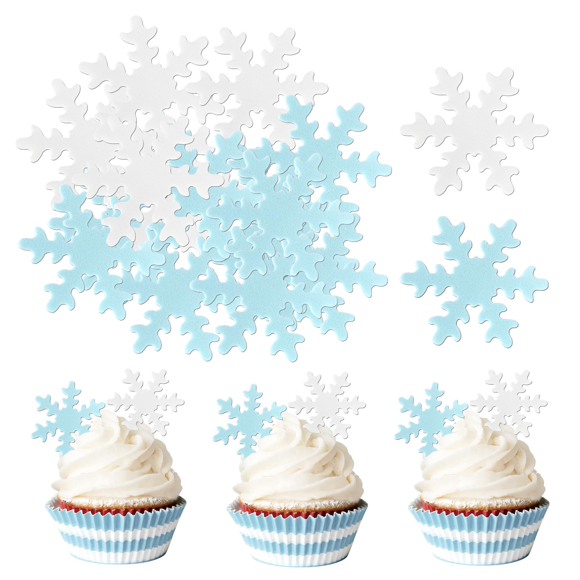 Xsstarmi 50 Pack Edible Snowflake Cake Decorations Blue White Snowflakes Cake Toppers Winter Frozen Snowflake Cupcake Food Decorations for Baby Shower Birthday Party Cake Decorations