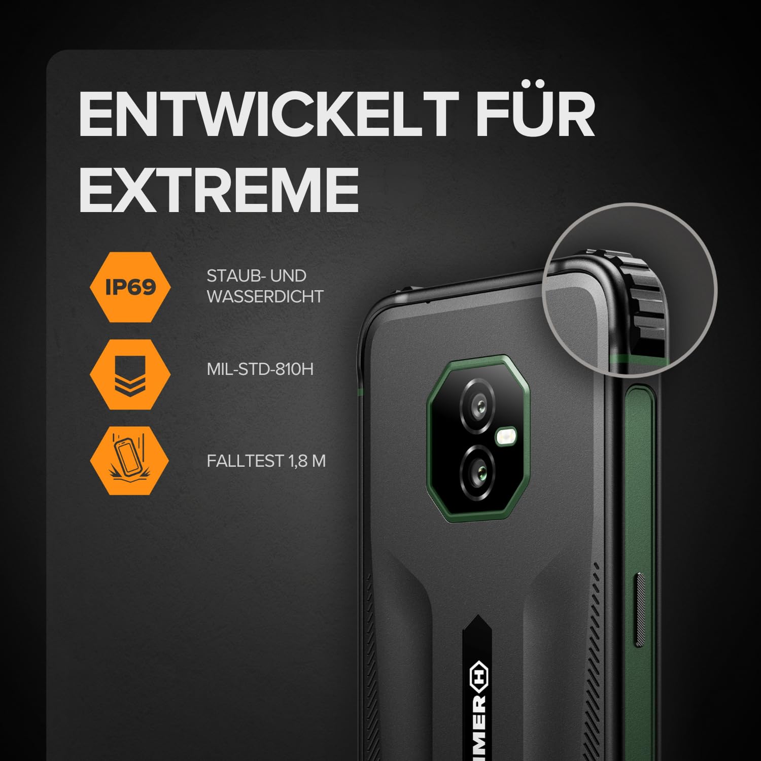 Hammer Ranger 4G Rugged Smartphone IP69, 6", 8+8GB RAM, 256GB, 5000mAh, Dual SIM, eSIM, NFC, Schwarz
