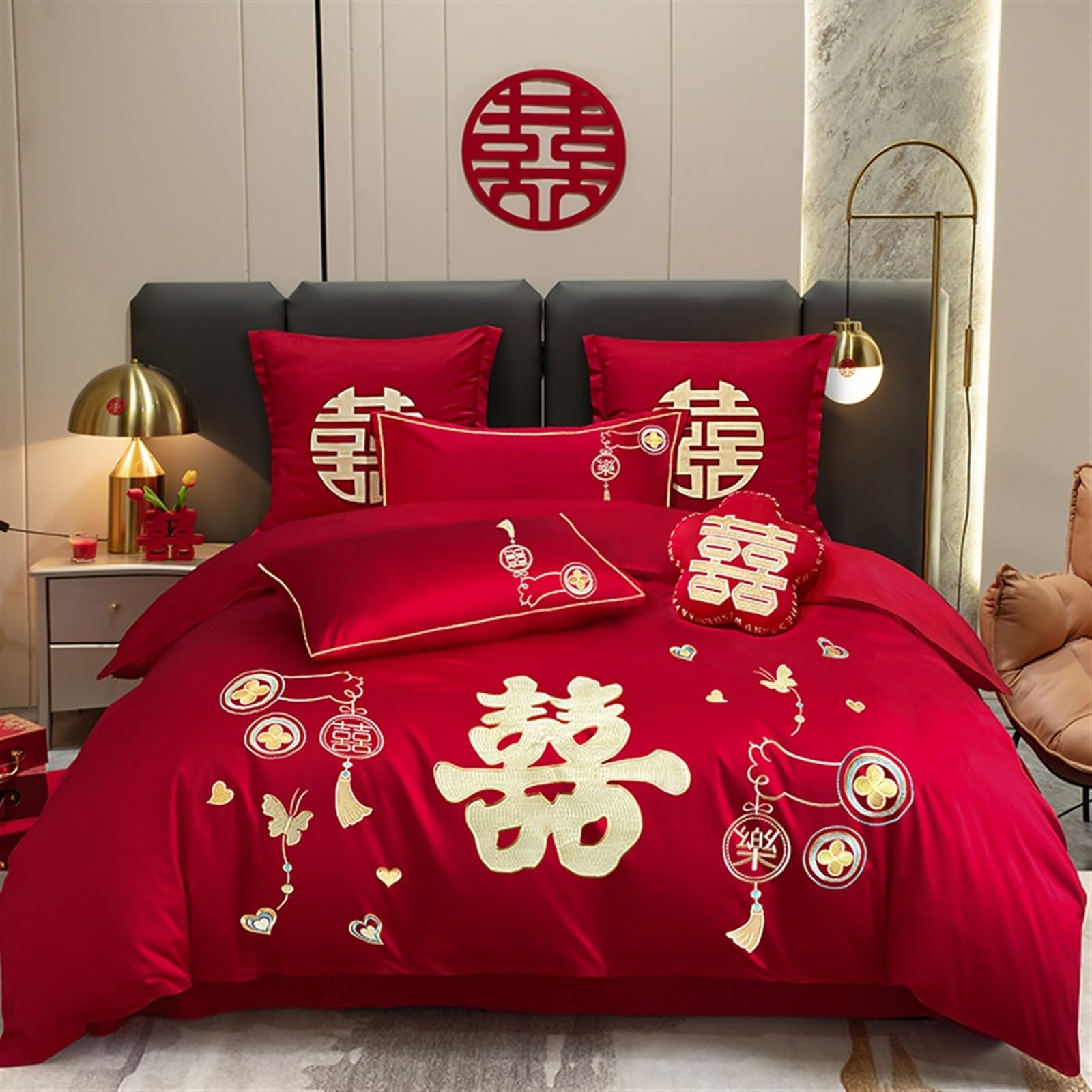 Chinese Traditional Red Sheet Asian Bedding Double Happiness Embroidery Chinese Wedding Duvet Cover Set Luxury Bedroom Decoration (F, King 6PCS)
