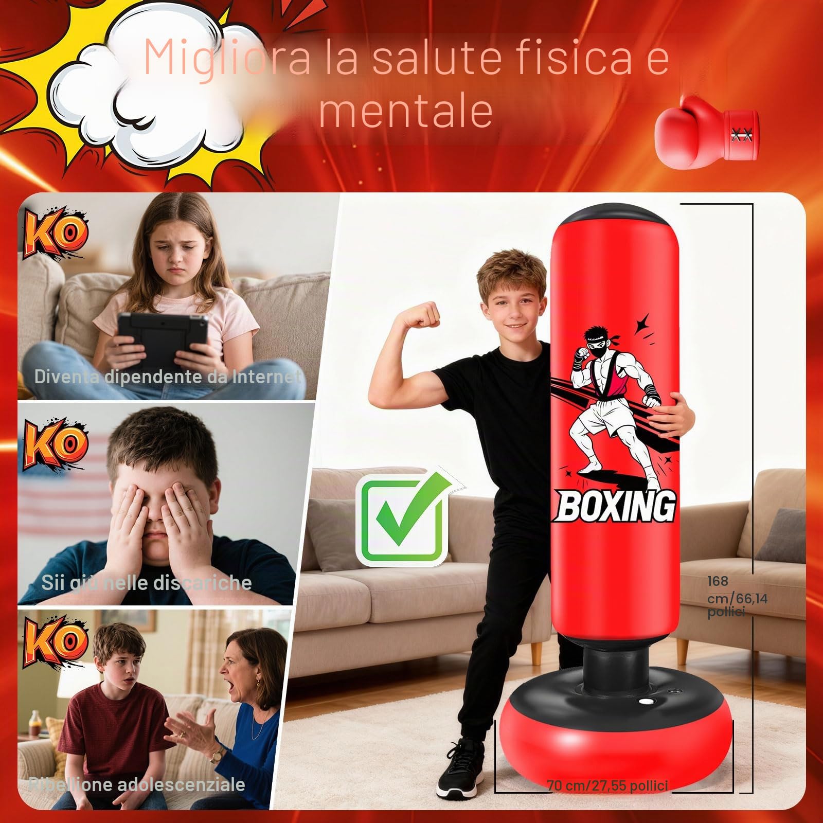 Qoosea Sacco da Boxe per Bambini, 168 cm Stabile Pungiball Bambini Gonfiabile con Guantoni da Boxe, per Pratica di Taekwondo Karate MMA, Sacchi da Boxe Gonfiabile per 3-14 Ragazzi Ragazze