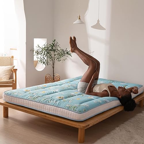 Miniatura 4 de MAXYOYO Colchón de futón coreano rústico floral japonés, colchón acolchado para cama, extra grueso, plegable, tapete de tatami, transpirable,
