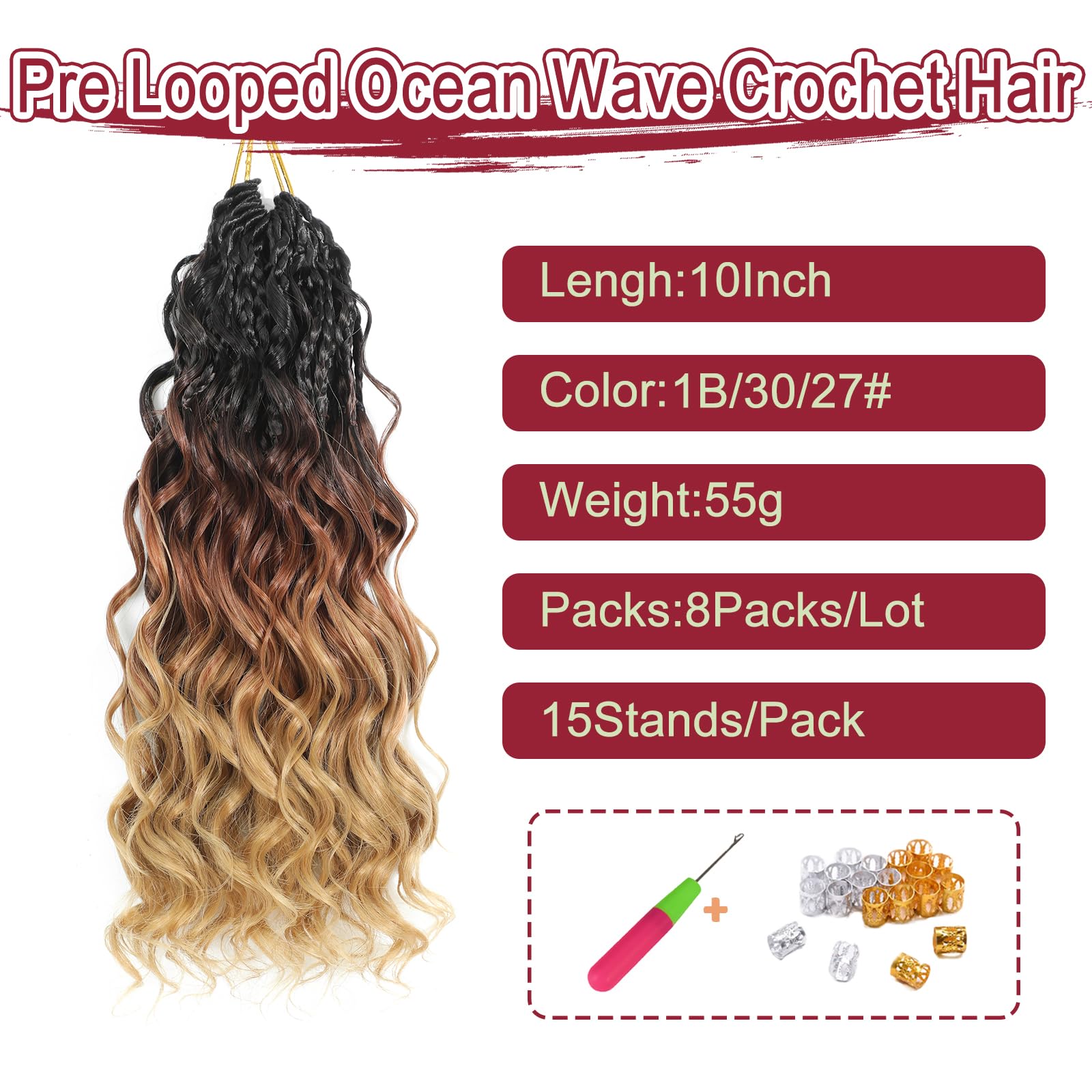 MLETUILPS Pre Looped Ocean Wave Crochet Hair 8 Packs Boho Curly Crochet Hair Short Ocean Braids Pre Twisted Synthetic Deep Wavy Crochet Braids for Women (1B/30/27# - Image 3