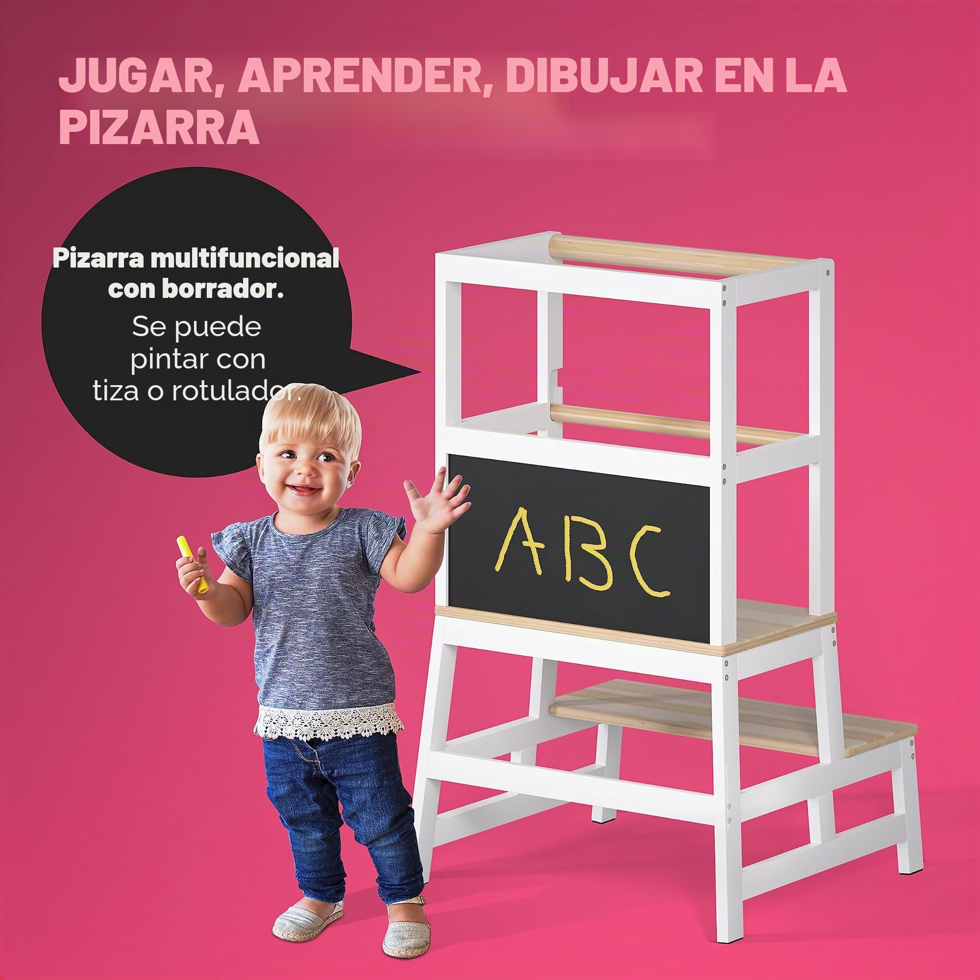 SPIELWERK® Torre de Aprendizaje Montessori Niños 100Kg Taburete Infantil 93cm Antivuelco Madera Pino Blanco