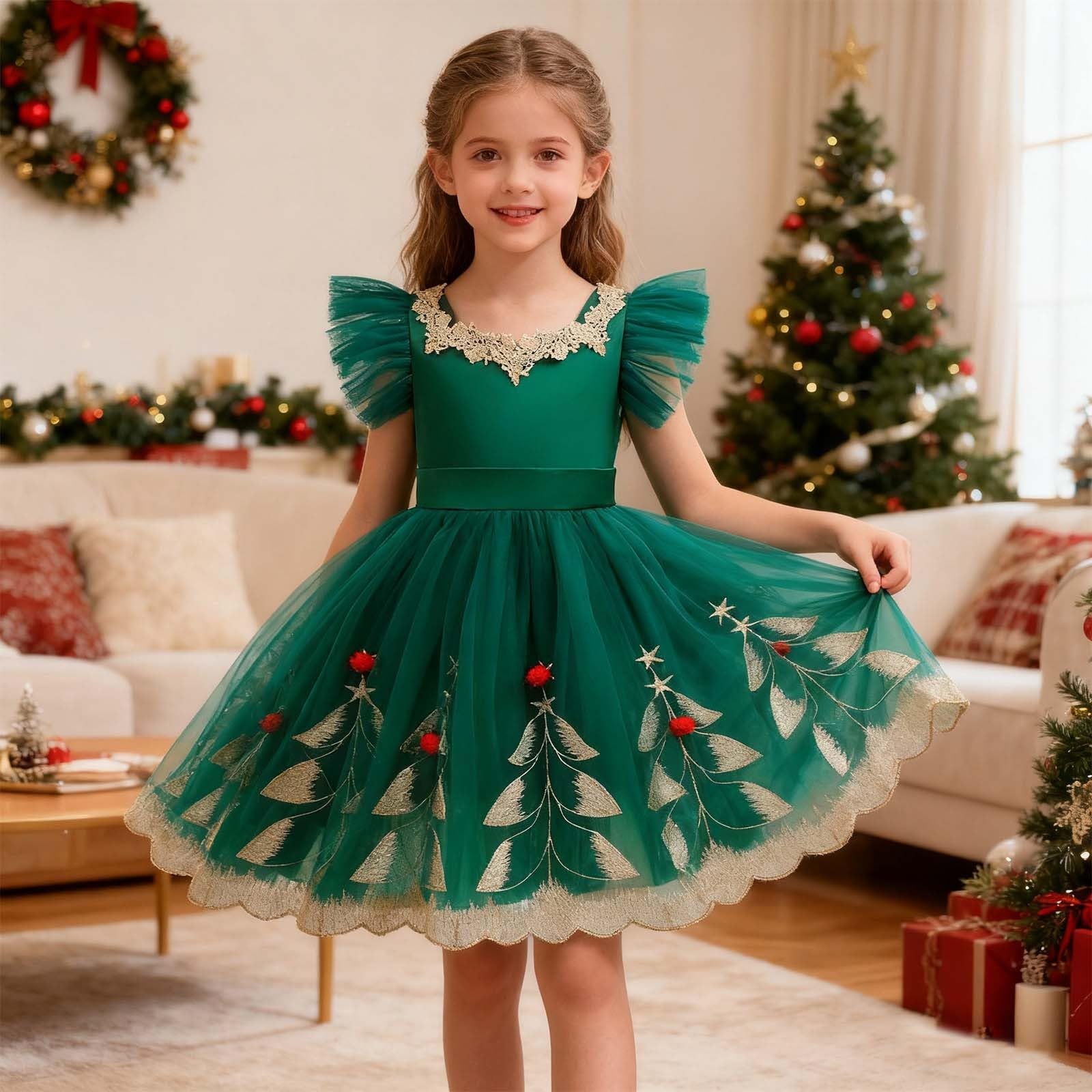 Vestito di Natale per Bambina, Elegante Abito da Festa per Ragazze,Abito da Festa per Feste,Abito da Sera Formale,Abito da Festa Verde con tutù,da Indossare per Bambini Piccoli,Bambine e Giovani