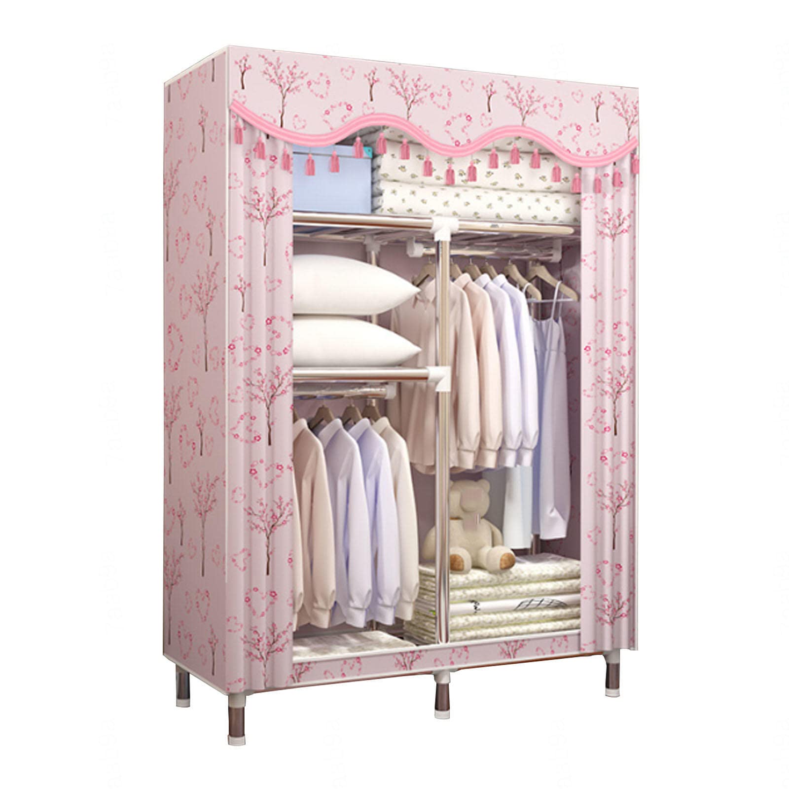 Kleiderschrank Tragbarer Canvas-Kleiderschrank, Stoff-Kleiderschrank-Aufbewahrungsorganisator mit Kleiderstange, faltbarer Schrank für Schlafzimmer,Rosa-90x46x170cm