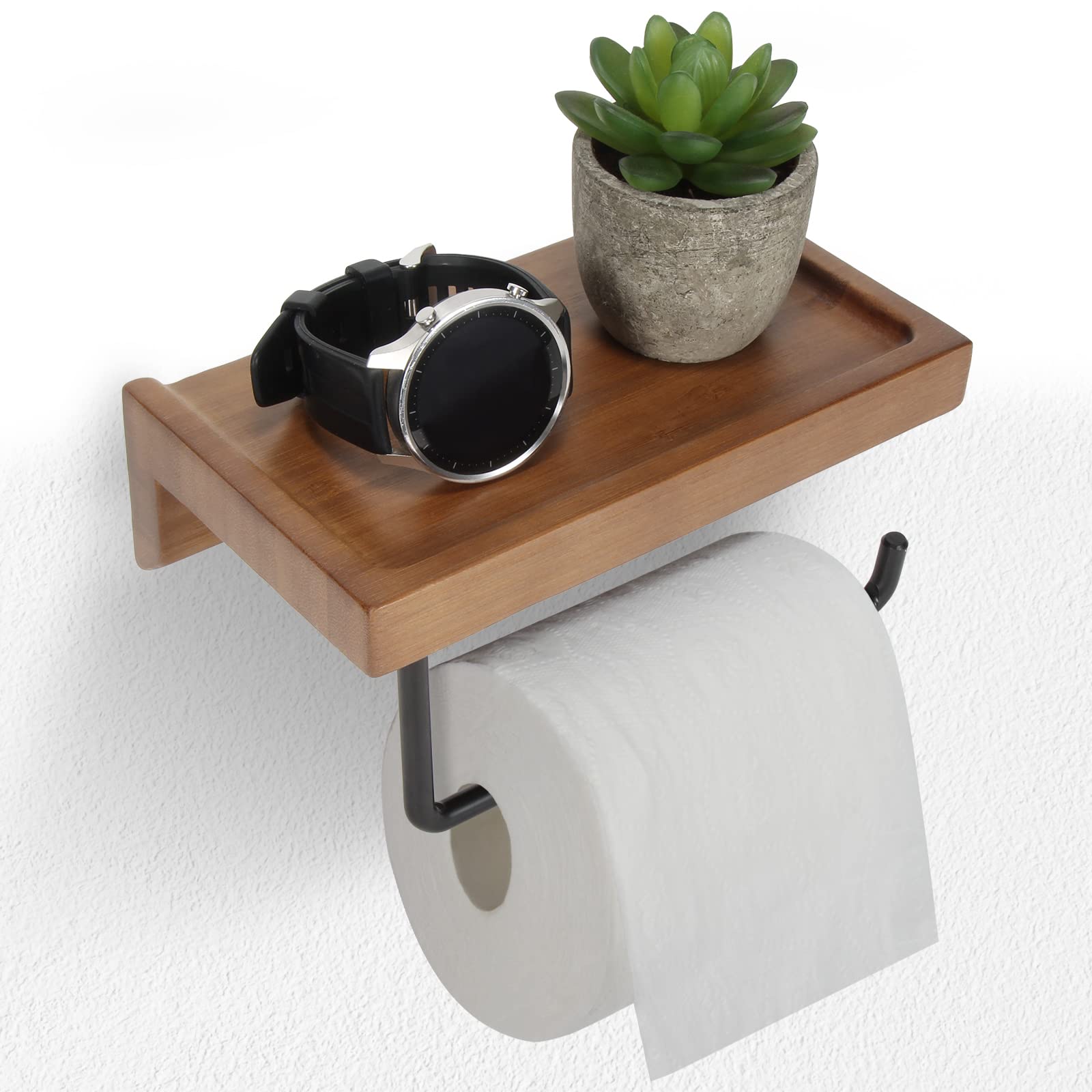 ART-GIFTREE Toilet Paper Holder with Shelf: Self Adhesive Wall-Mounted with Screws Toilet Roll Holder, Rustic Bamboo and Iron Toilet Paper Holder Phone Shelf