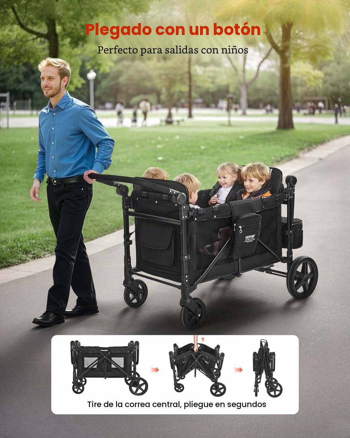 VEVOR Cochecito Plegable para 4 Niños, con Asa Ajustable, Arnés de Seguridad de 5 Puntos y Capota Extraíble, 4 Plazas, para Camping, Negro(Carga de 150 kg), Acero al Carbono, 1650 x 725 x 1250 mm