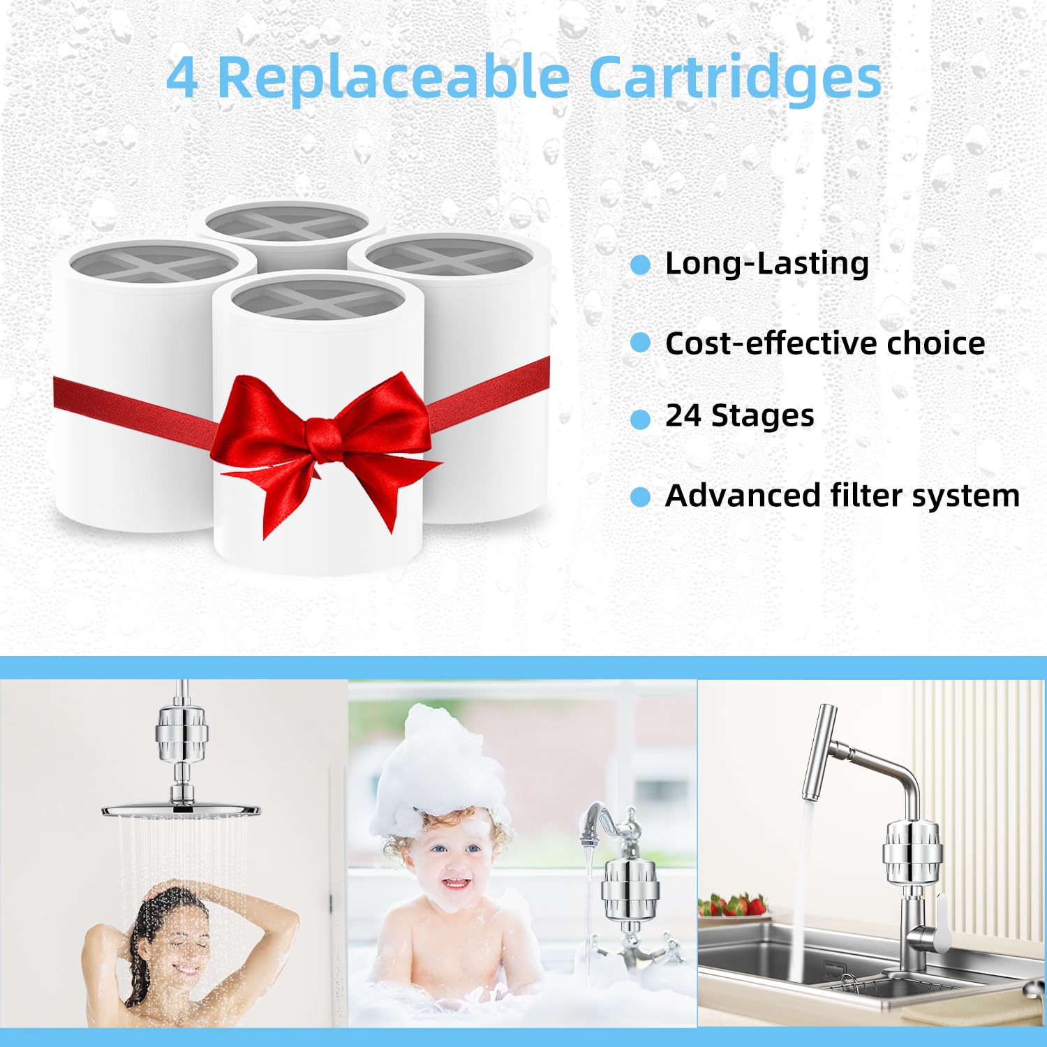 Filtro de cabezal de ducha para agua dura, filtro de ducha de 24 etapas, filtro de agua de ducha con 4 cartuchos de filtro reemplazables, protege tu piel y cabello del cloro y los metales pesados en | Filtro de agua de ducha de 24 etapas que protege tu pi